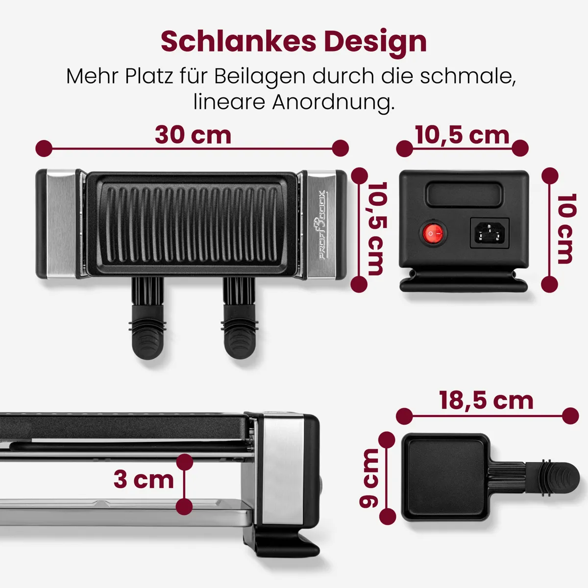 Diagramm zeigt die Abmessungen und das schlanke Design eines schwarzen Tischgrills mit Pfännchen.