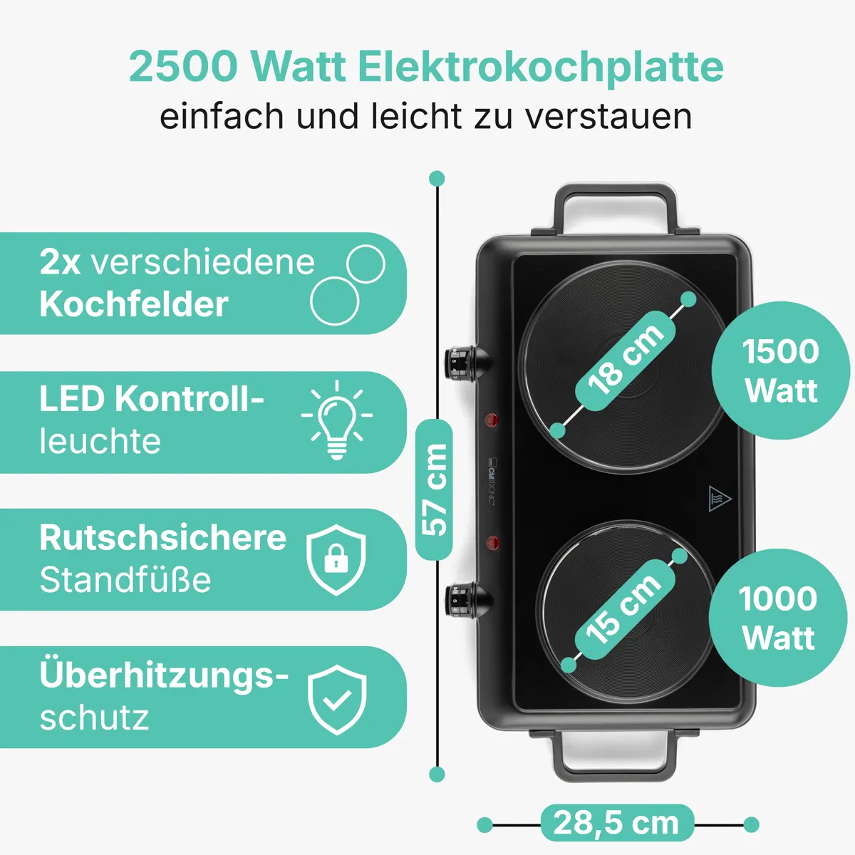 Technische Details einer elektrischen Doppelkochplatte mit 2500 Watt und verschiedenen Funktionen.