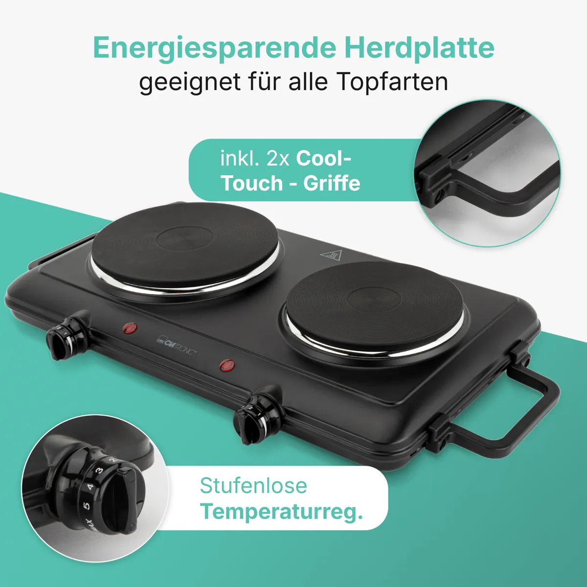 Schwarze Doppel-Herdplatte mit Drehreglern und cool-touch Griffen.