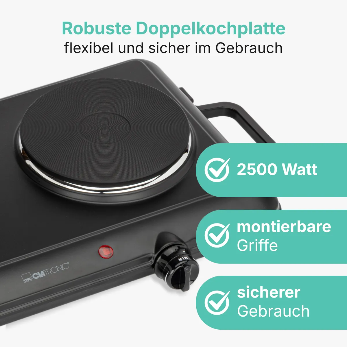 Schwarze Doppelkochplatte mit Drehknopf, roter Kontrollleuchte und integrierten Griffen.
