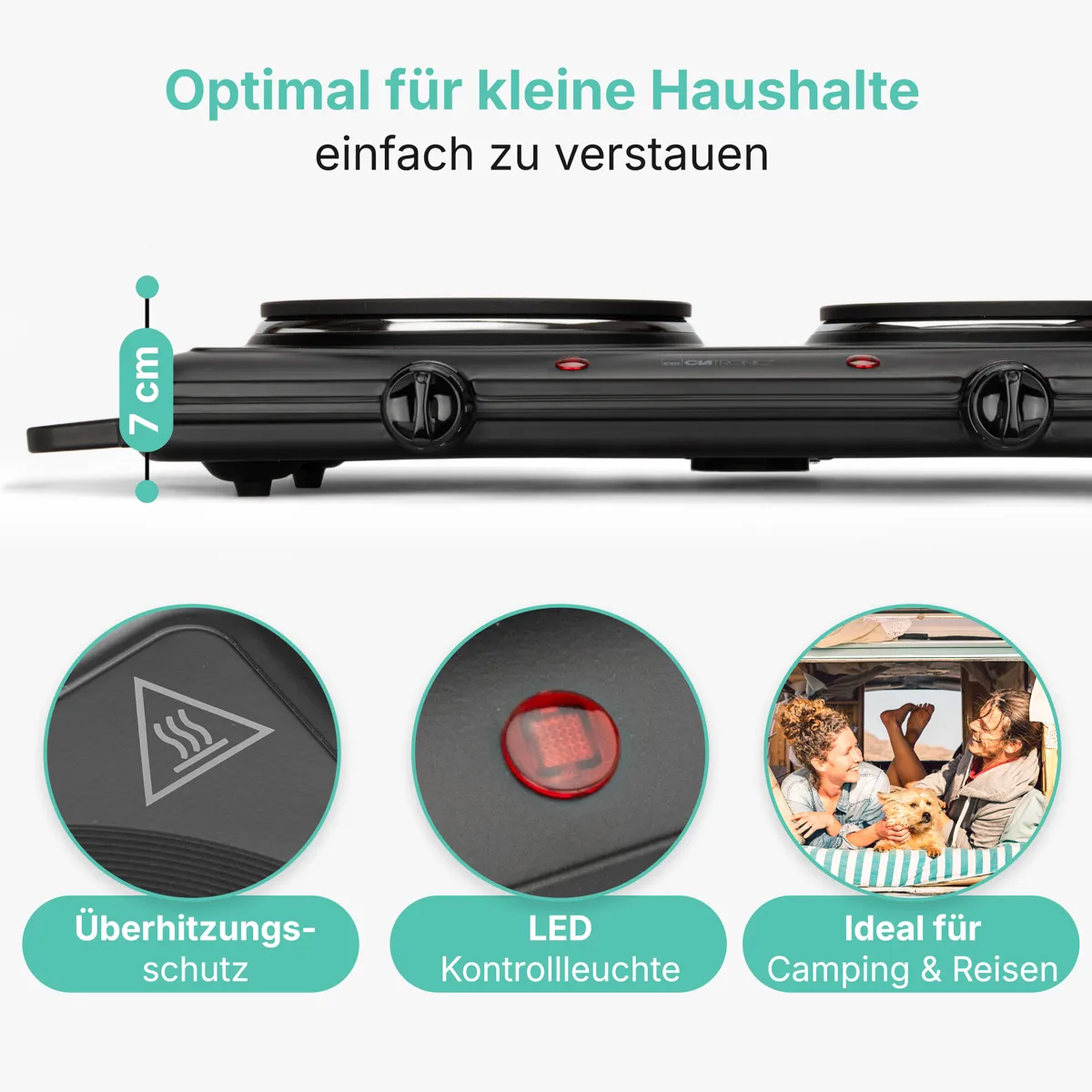 Schwarze Doppelkochplatte mit 7 cm Höhe, Überhitzungsschutz, LED-Kontrollleuchte und Kaming-Eignung.