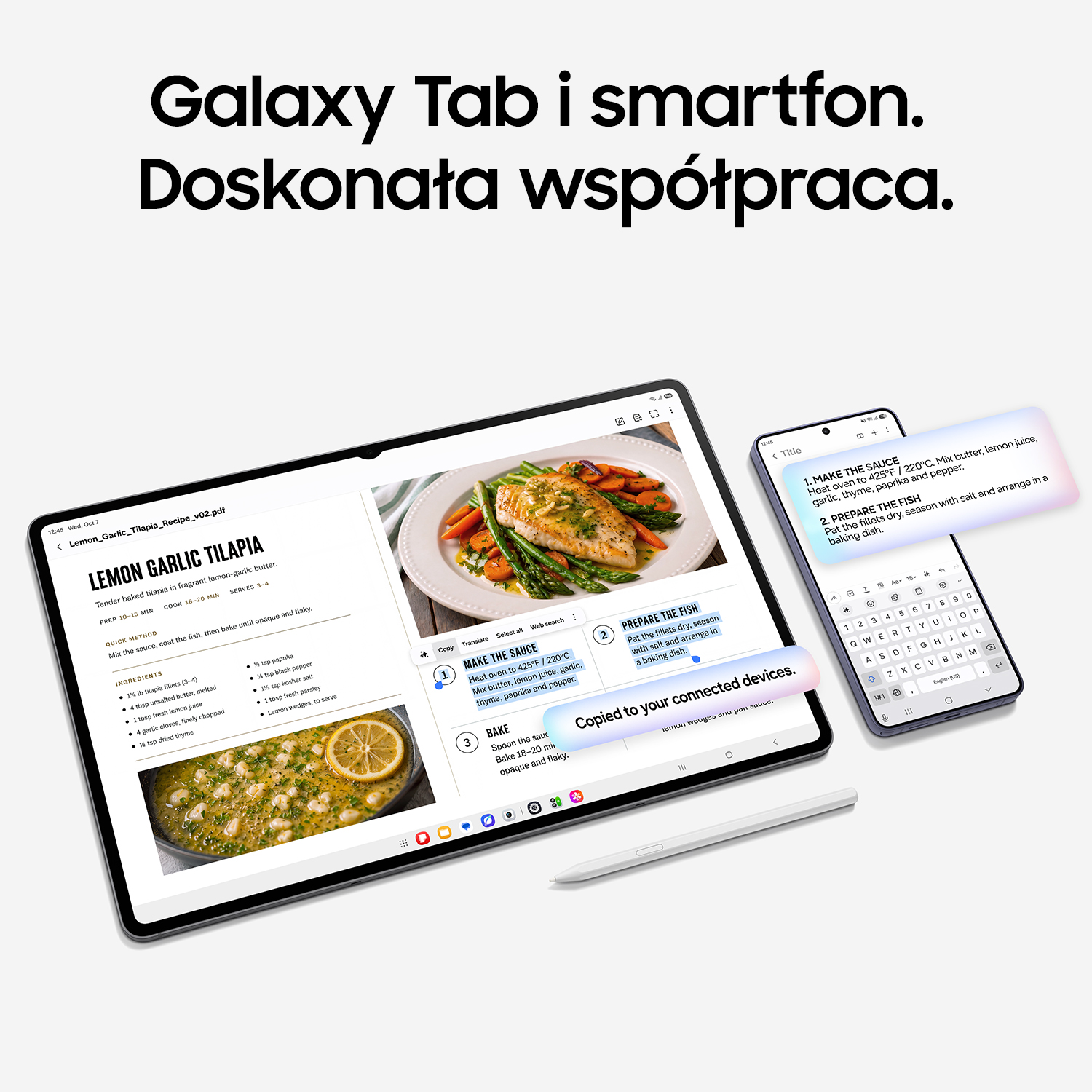 Tablet Galaxy Tab i smartfon pokazują współpracujące aplikacje z przepisami.