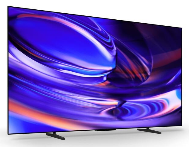 Nowoczesny telewizor z kolorowym, abstrakcyjnym niebiesko-fioletowym wzorem.