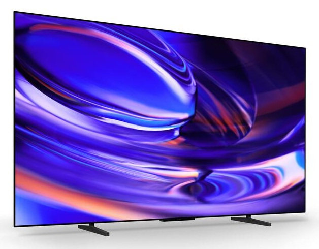 Telewizor płaskoekranowy z cienką ramką i kolorowymi niebieskimi wzorami na ekranie na białym tle.