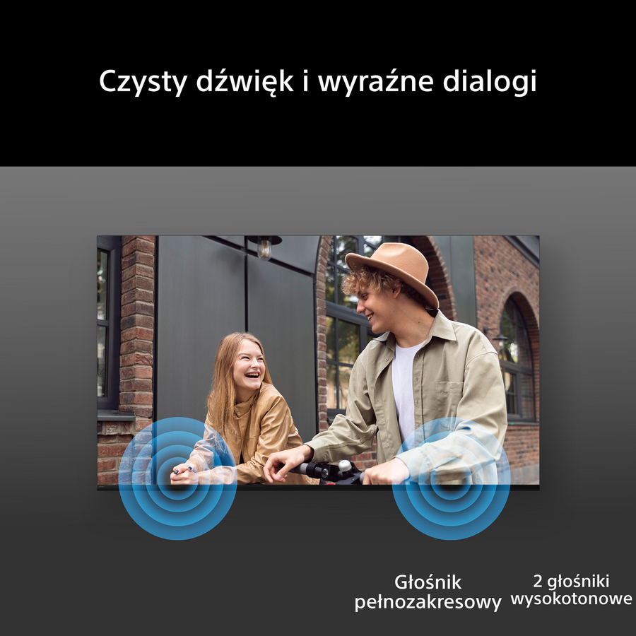 Telewizor przedstawia uśmiechniętą parę z ikonami fal dźwiękowych na dole.