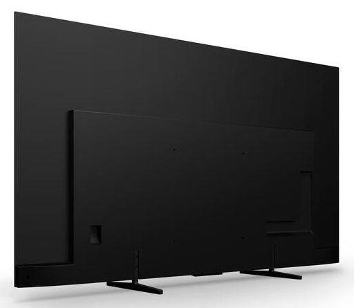 Widok z tyłu eleganckiego, czarnego telewizora płaskoekranowego z dwiema podstawkami na białym tle.
