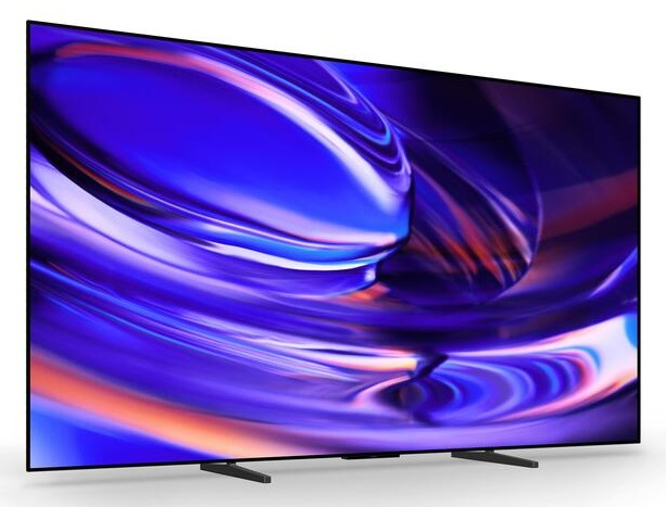 Telewizor płaskoekranowy z niebiesko-fioletową abstrakcyjną tapetą na białym tle.
