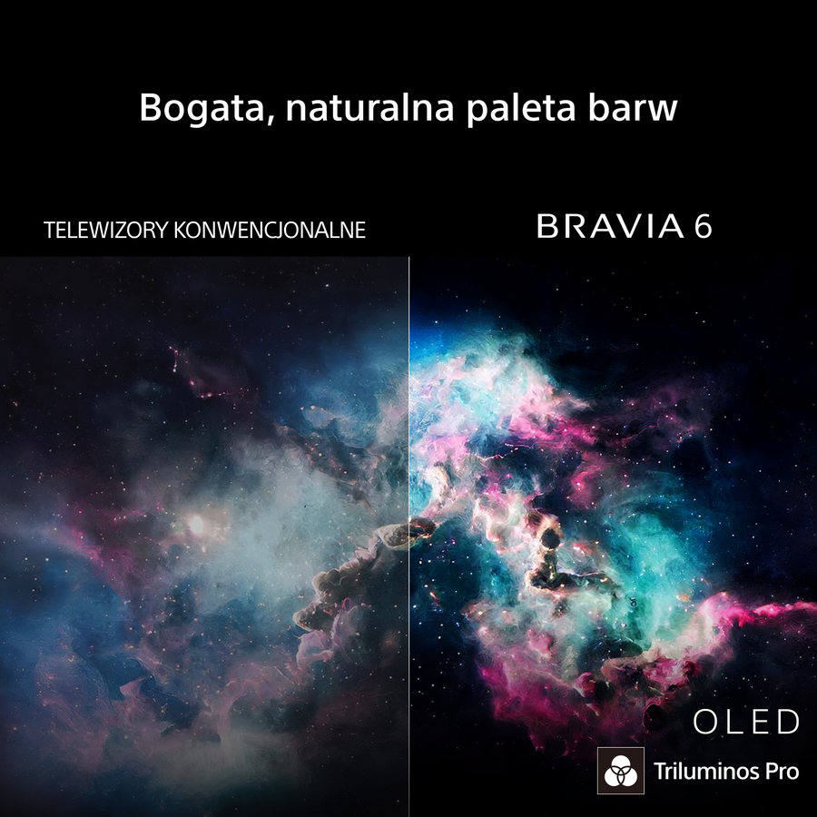Porównanie dwóch ekranów: konwencjonalny telewizor po lewej, żywy Bravia 6 OLED po prawej.