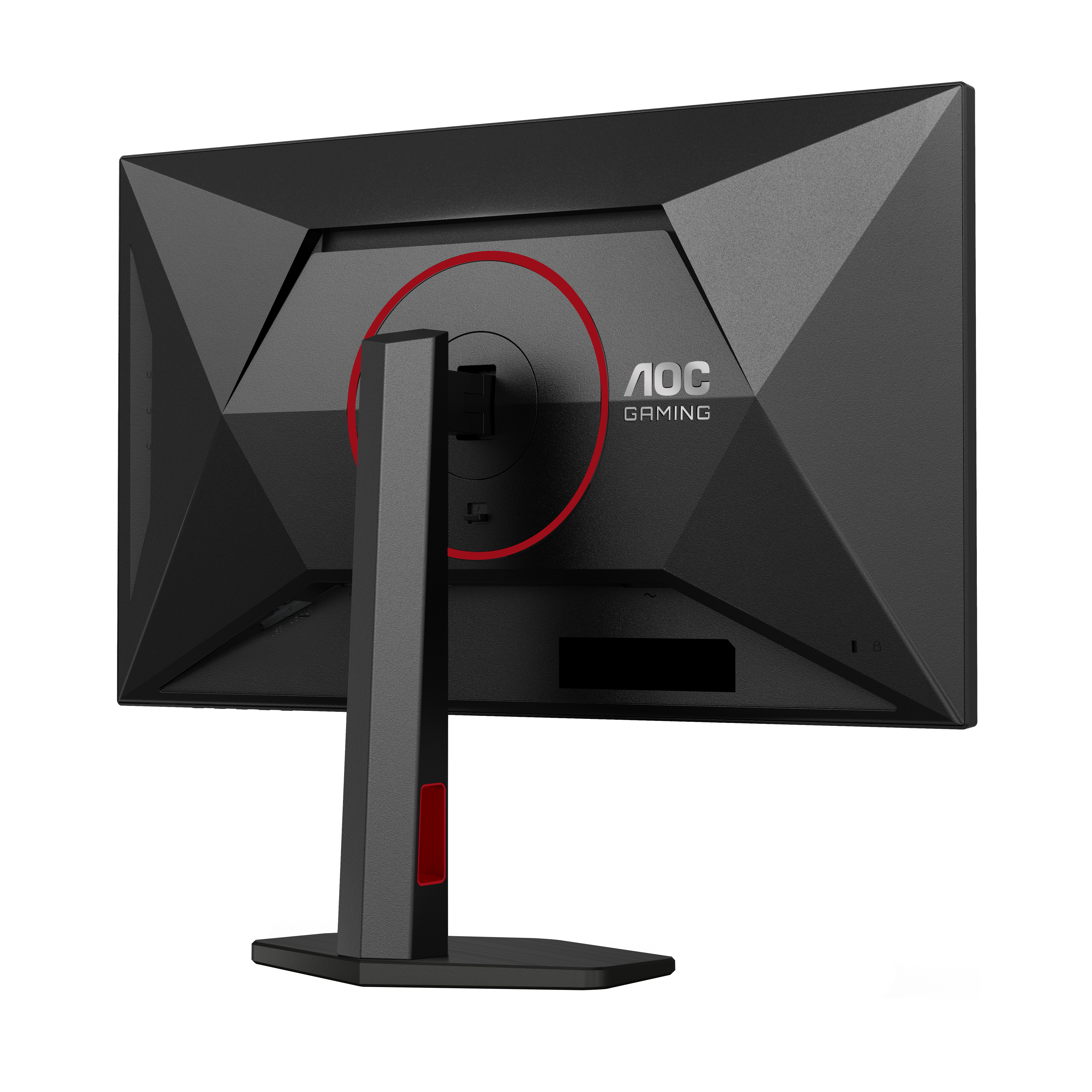 Dos d'un moniteur de jeu AOC noir avec un anneau rouge et un pied angulaire sur fond noir.