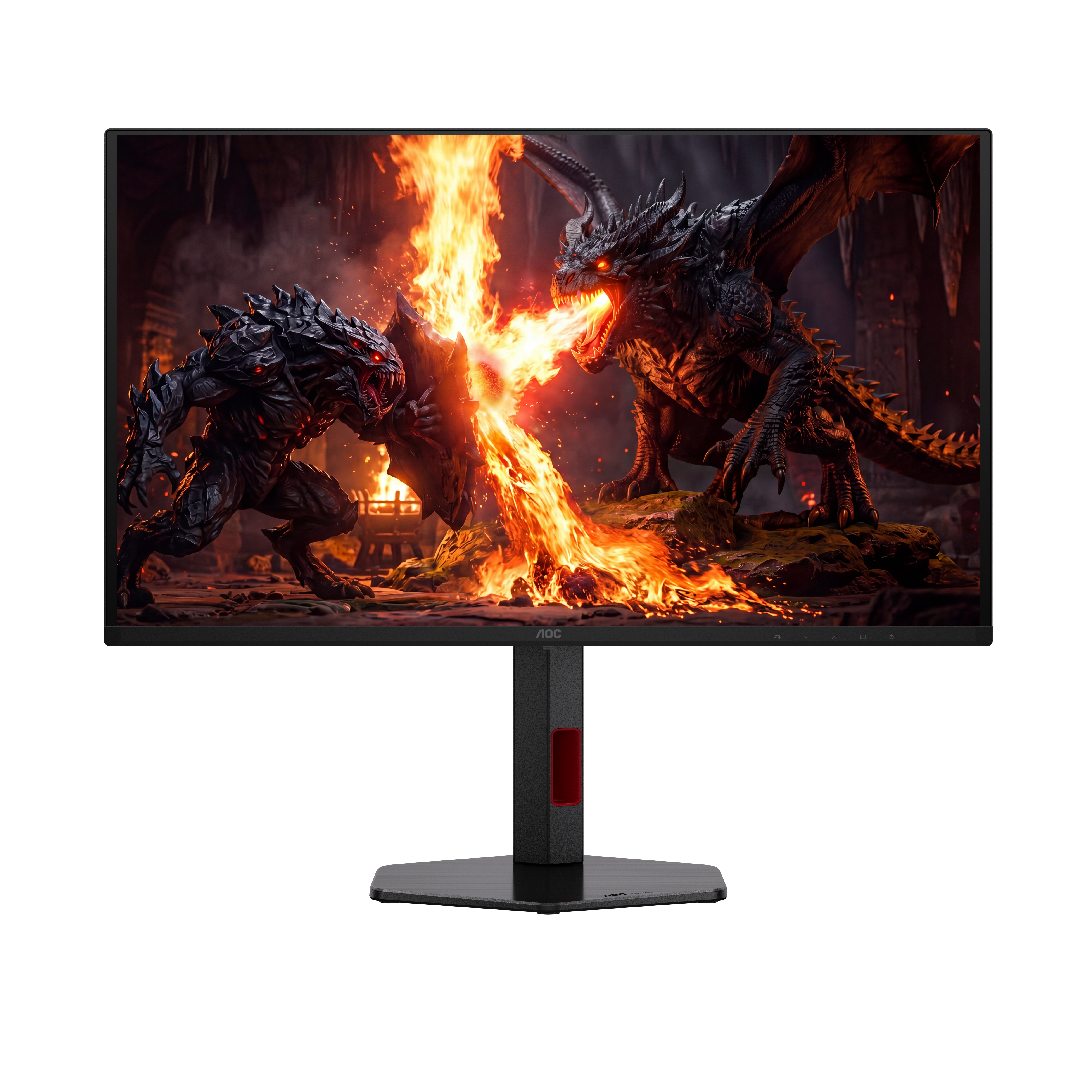 Ein schwarzer AOC-Monitor zeigt eine Fantasy-Szene mit einem Drachen, der Feuer speit.