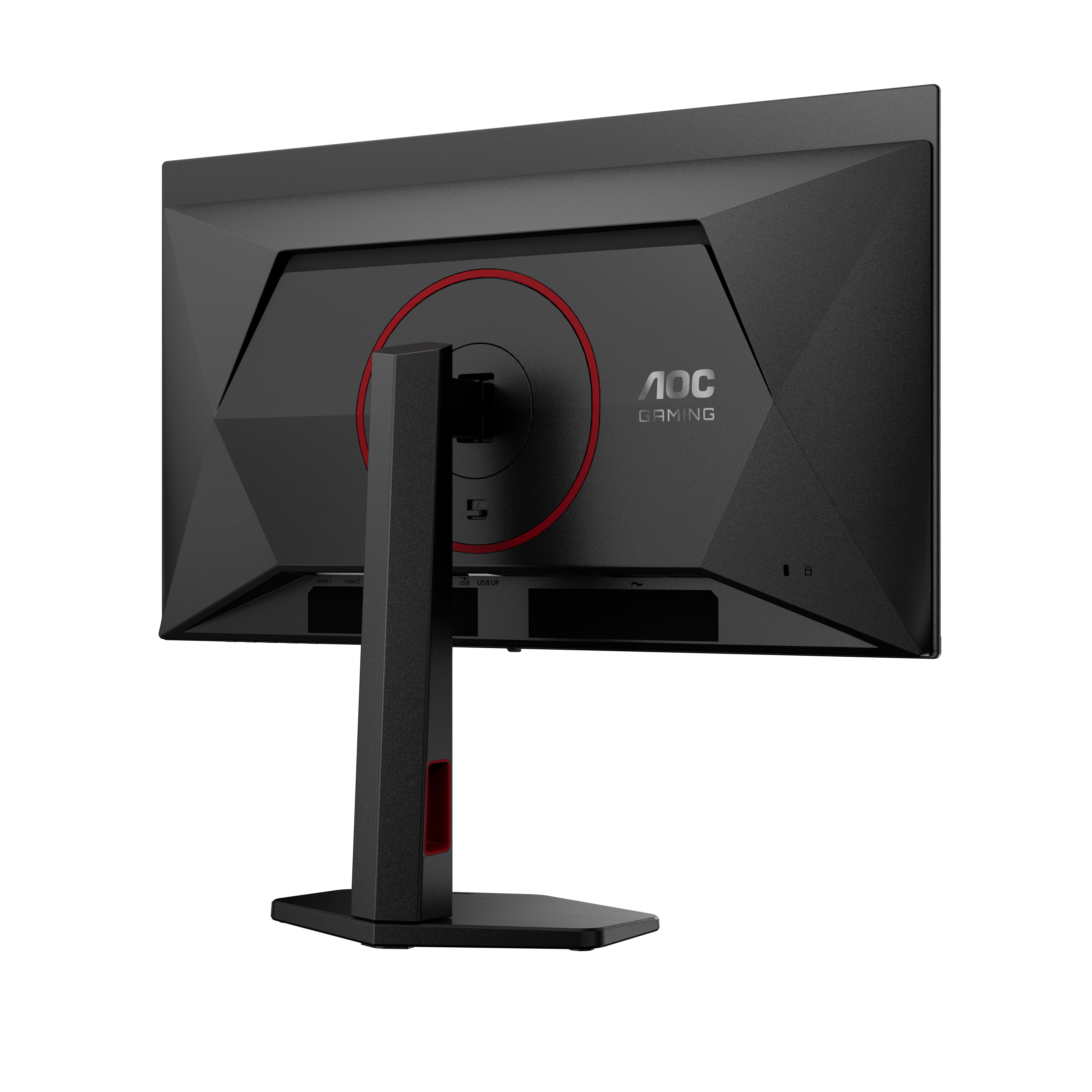 Rückansicht eines schwarzen AOC Gaming-Monitors auf einem Ständer mit rotem Akzent.