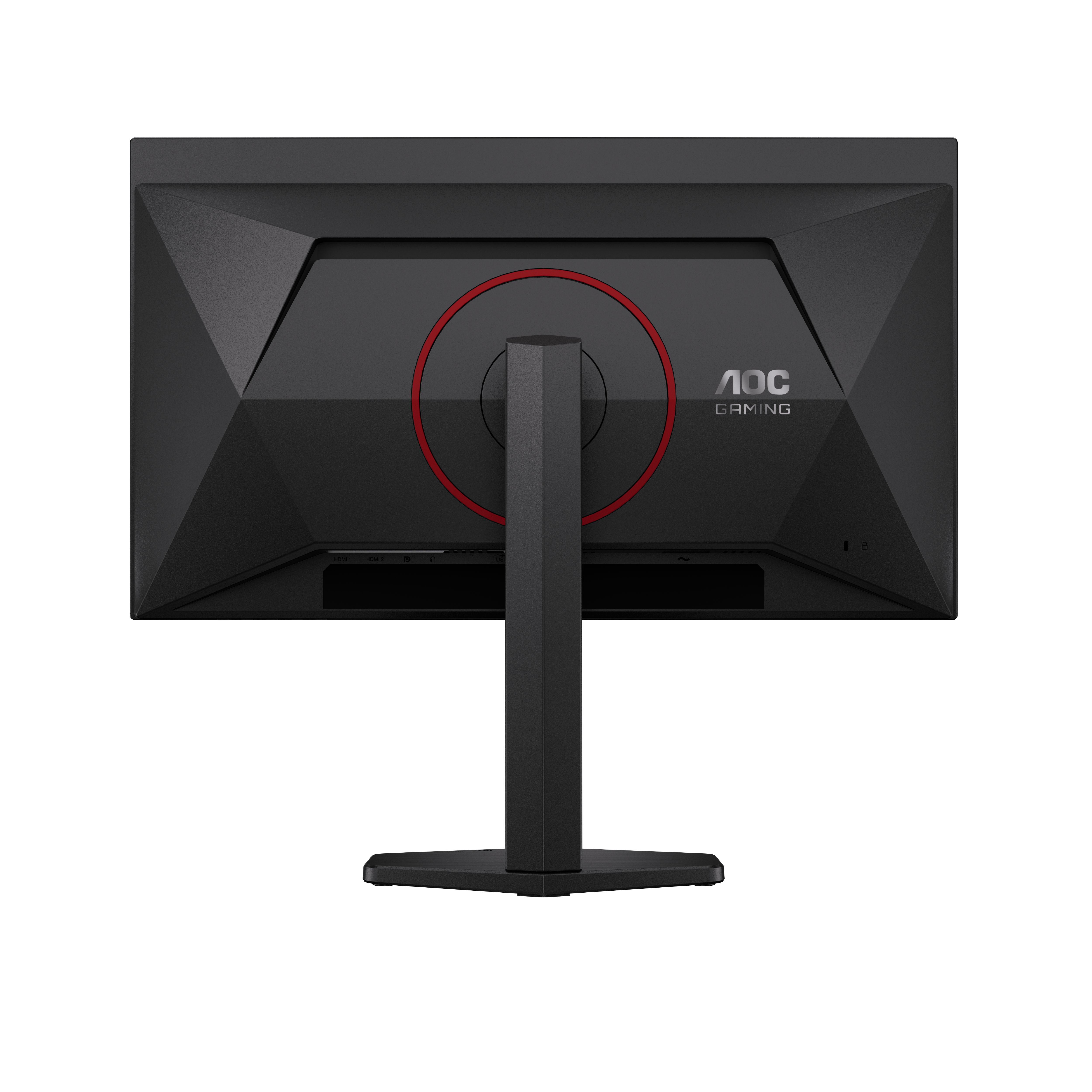Rückansicht eines schwarzen AOC Gaming-Monitors mit rotem Ring um den Standfuß.