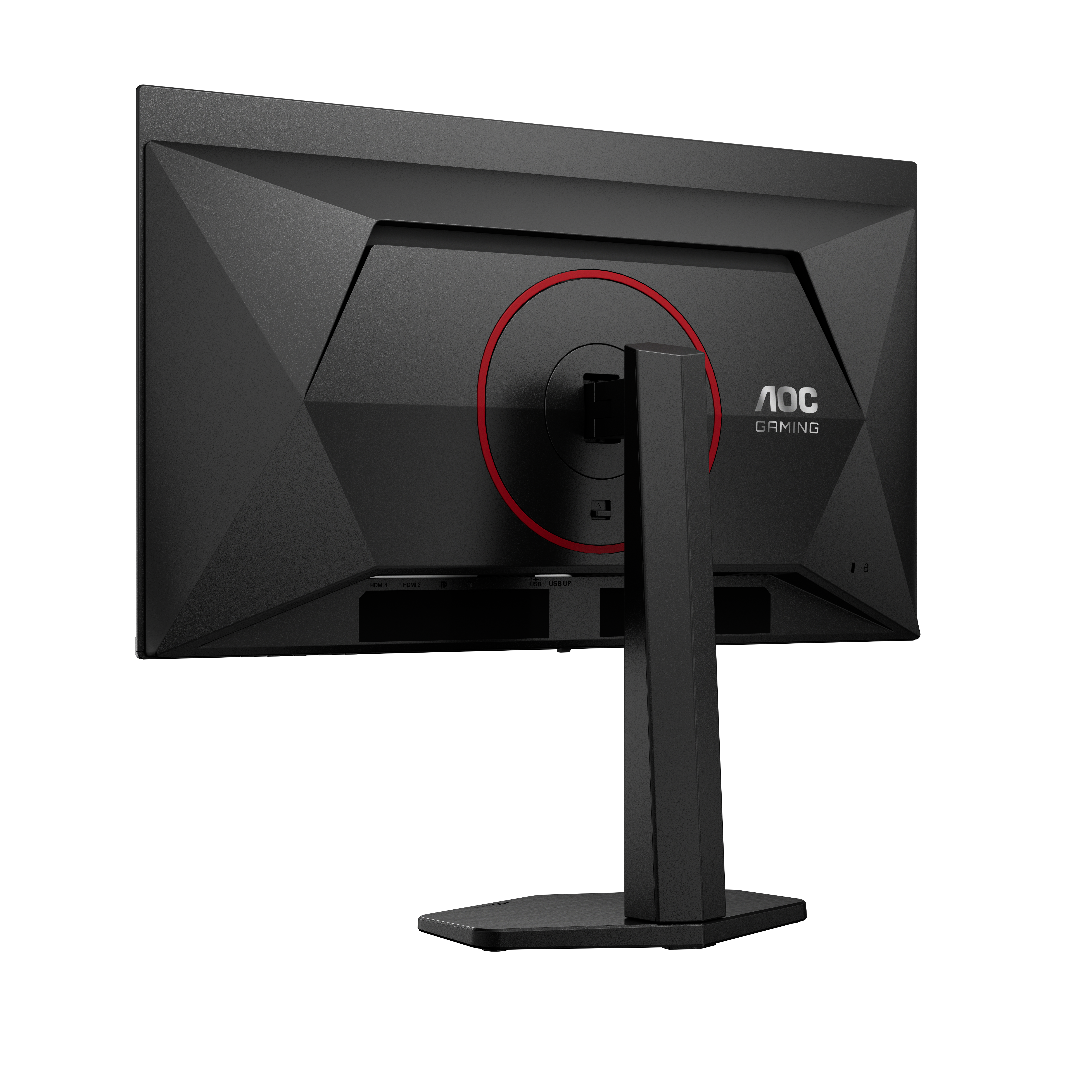 Rückansicht eines schwarzen AOC Gaming-Monitors mit rotem Kreis und stabilem Standfuß.