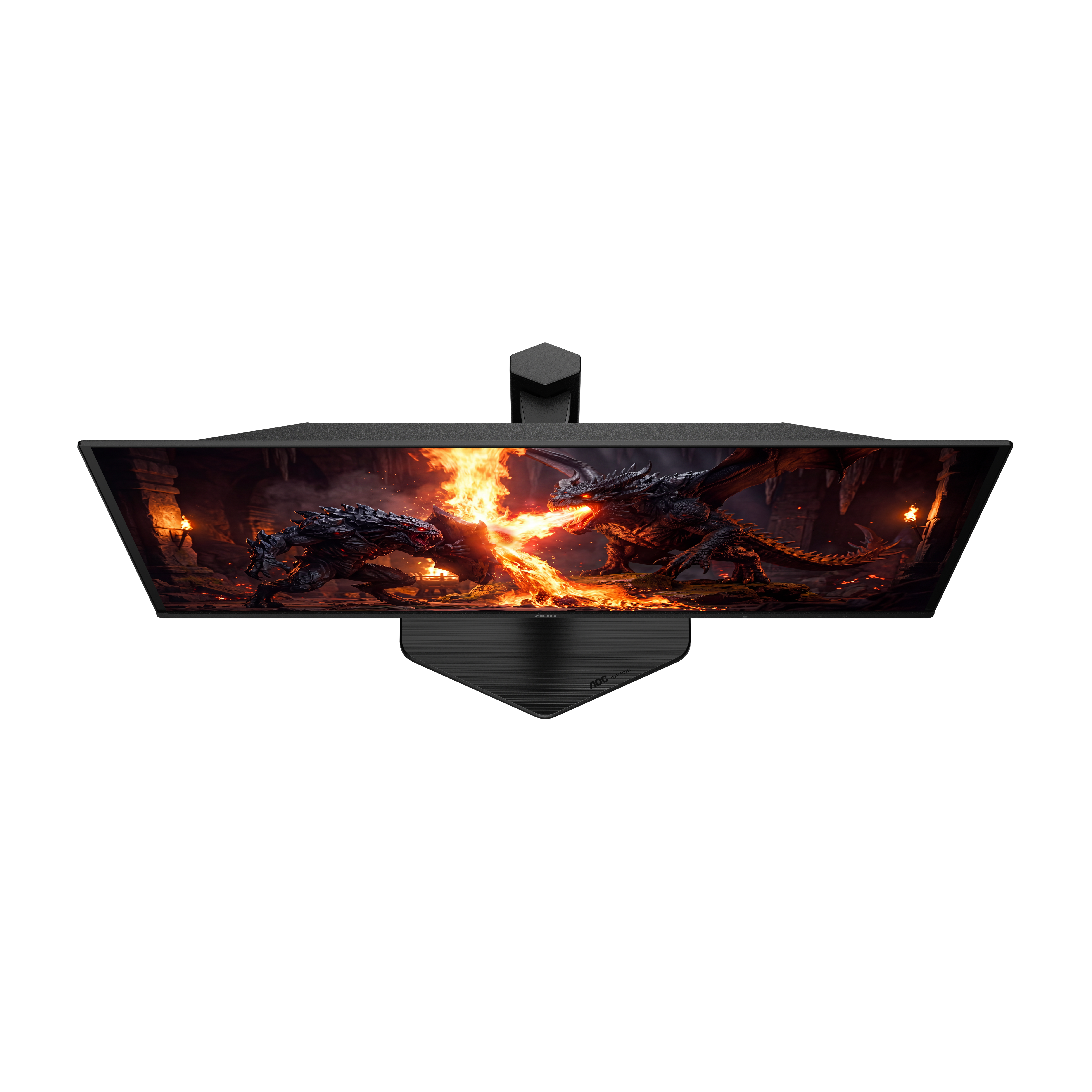 Top-Down-Ansicht eines Monitors mit fantasyartiger Drachenszene auf dem Bildschirm vor schwarzem Hintergrund.