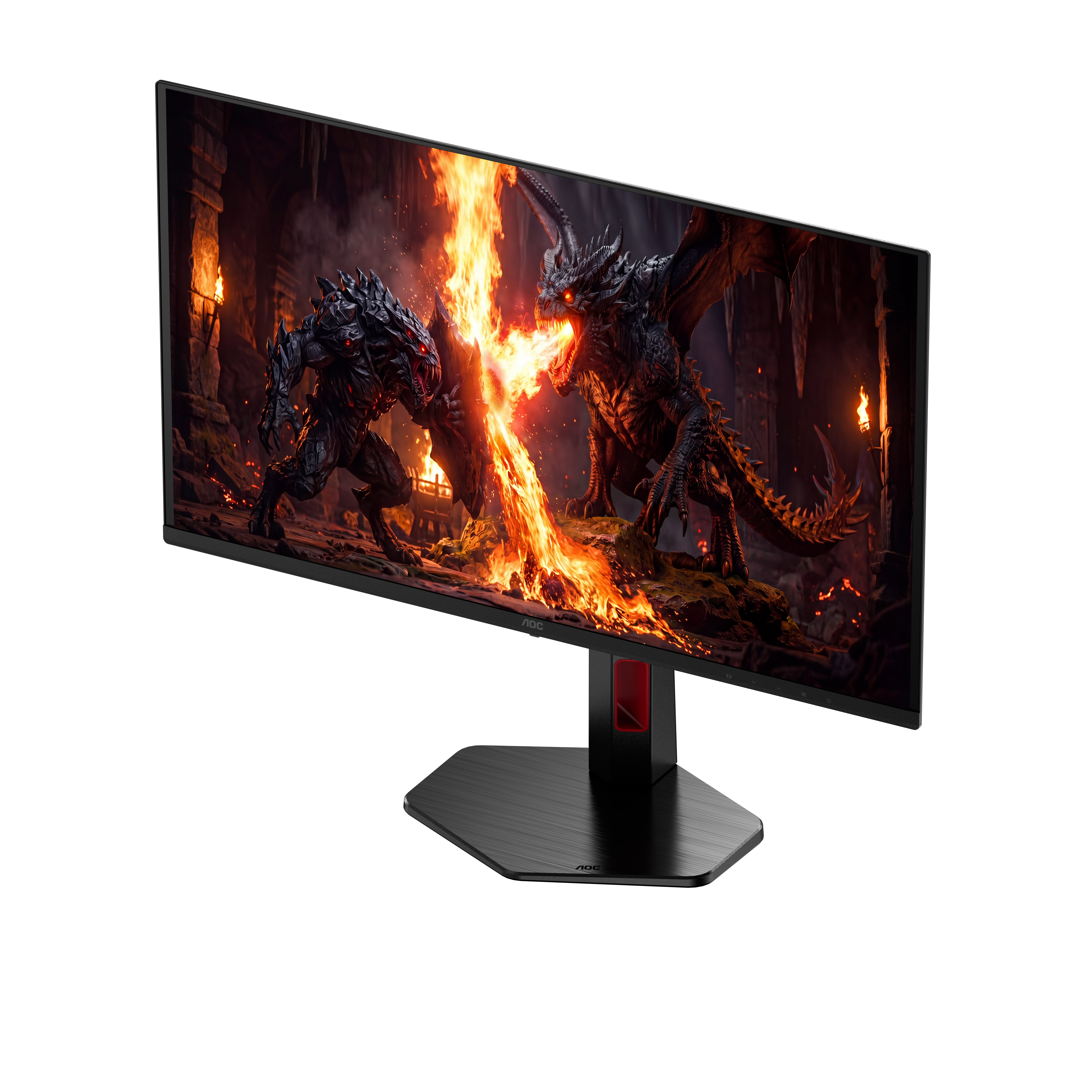 Ein schwarzer Gaming-Monitor zeigt eine fantasyhafte Szene mit zwei Monstern und Feuer.