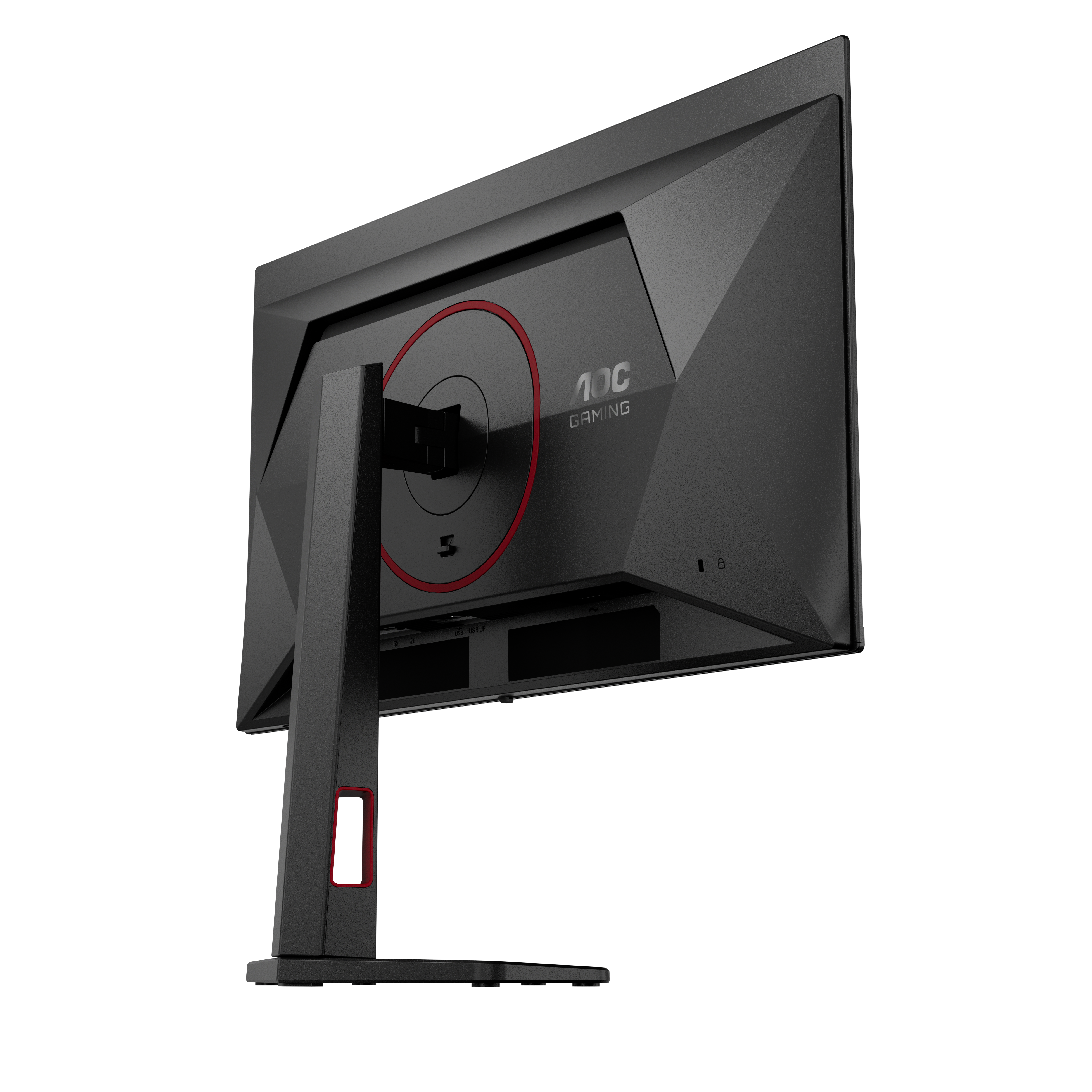 Rückansicht eines schwarzen AOC Gaming-Monitors mit rotem Ringakzent am Ständer und auf der Rückseite.
