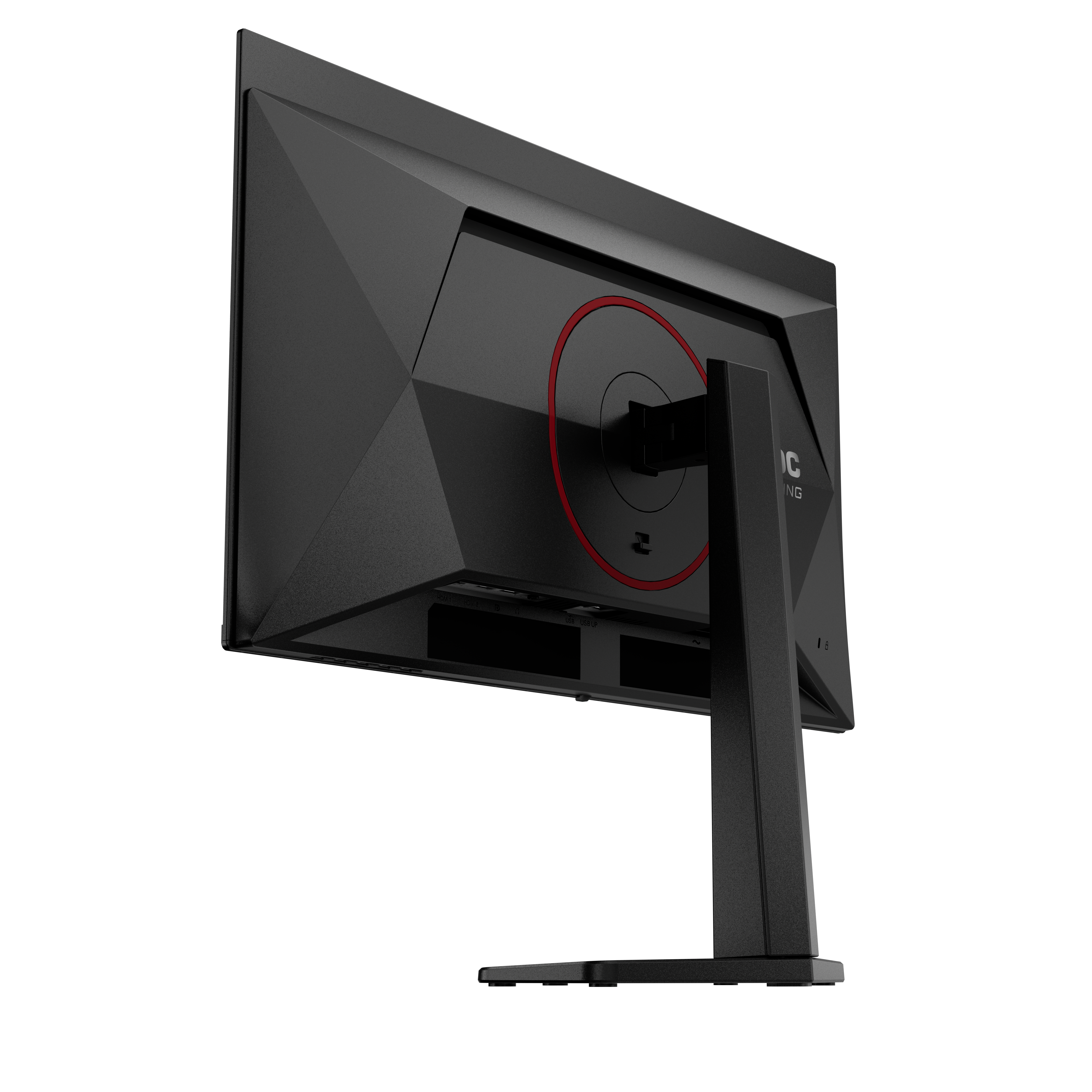 Rückansicht eines schwarzen Monitors mit rotem Ring am Ständer und stabiler Basis auf weißem Grund.