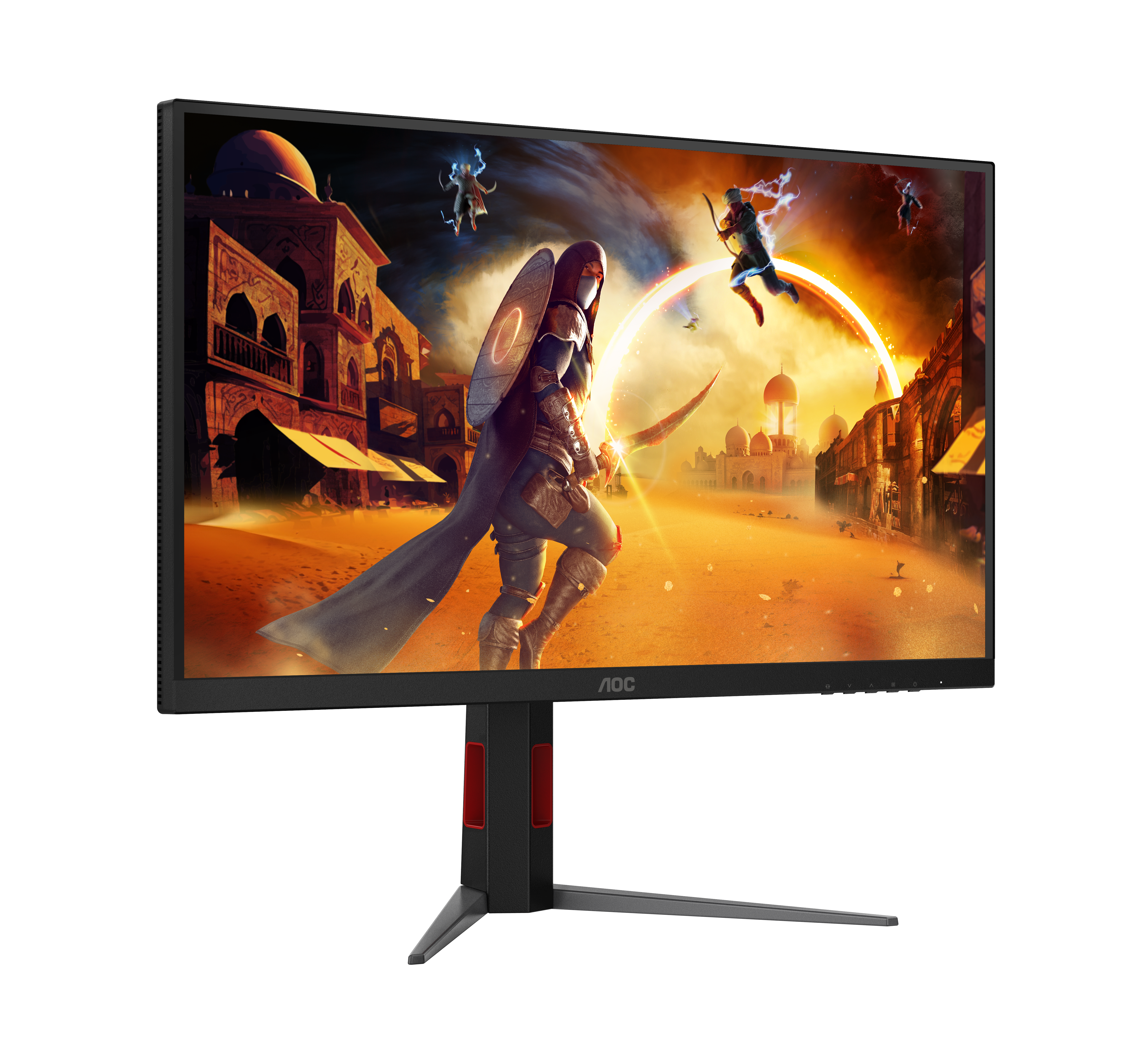 Ein AOC Gaming-Monitor zeigt eine Fantasy-Szene mit einer Kriegerin vor einer Stadt bei Sonnenuntergang.
