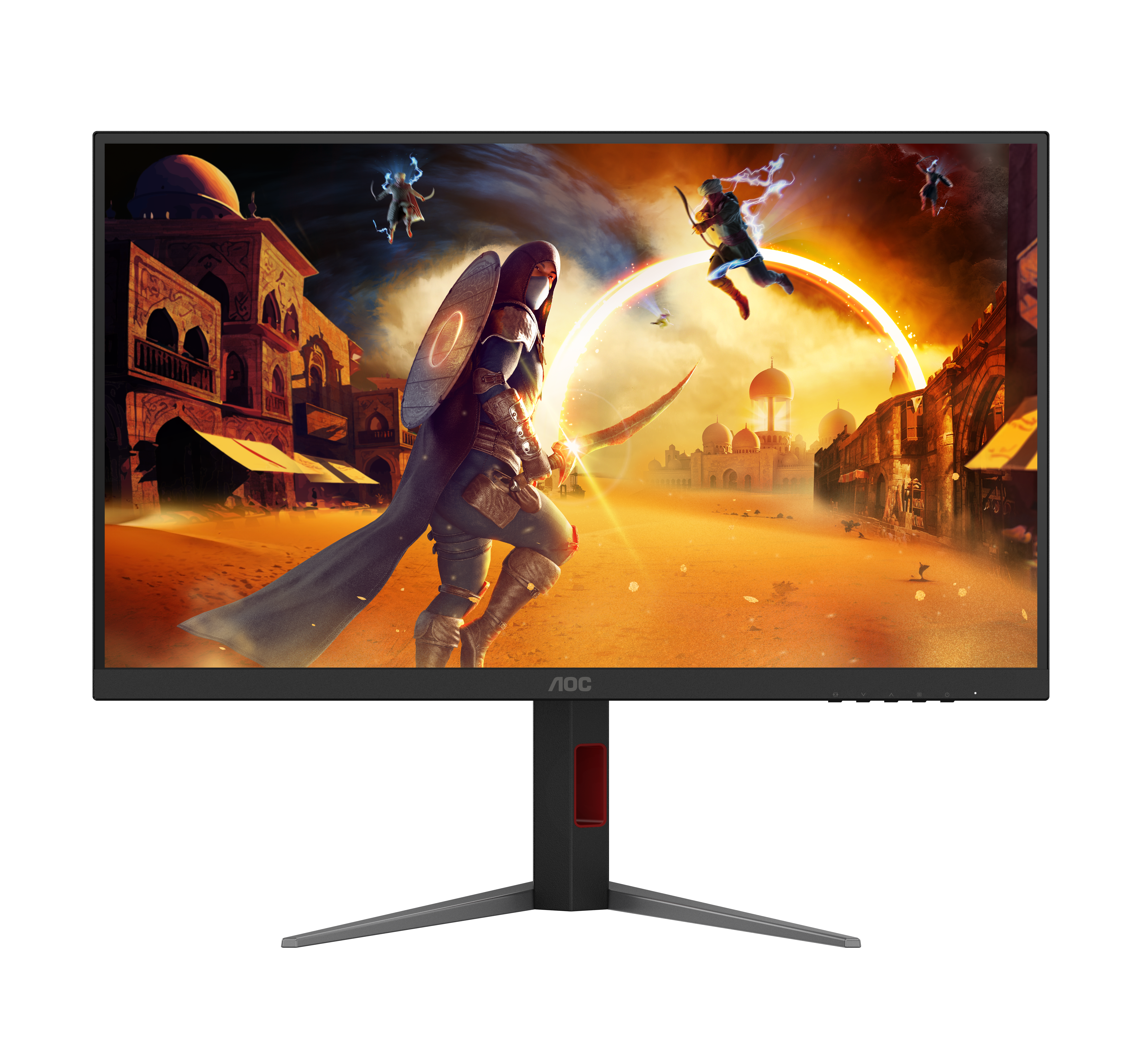 Ein AOC-Gaming-Monitor zeigt eine Fantasy-Szene mit einem Schwertkaempfer und einer Stadt im Hintergrund.
