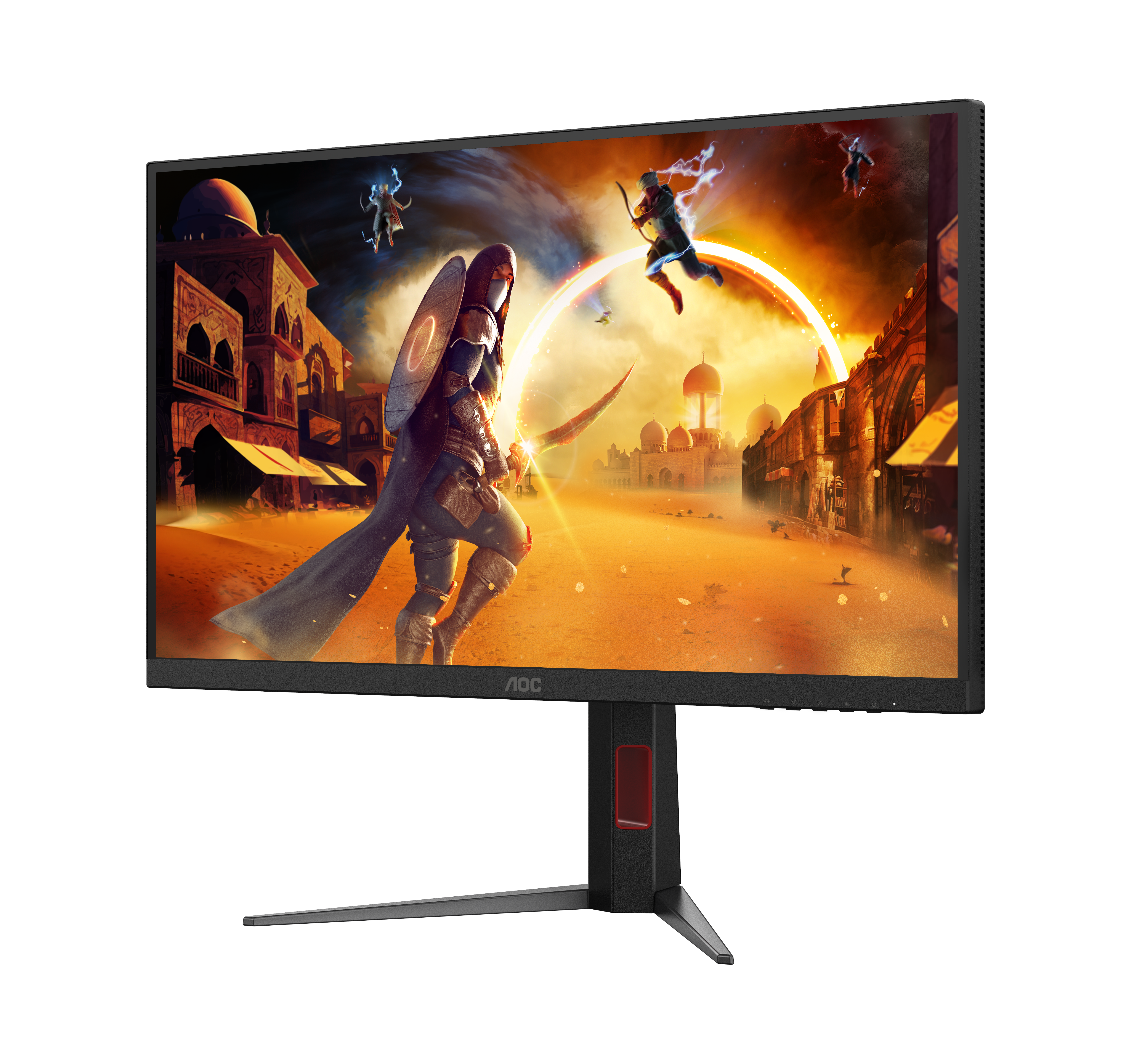 Ein AOC-Gaming-Monitor zeigt eine Fantasy-Szene mit einer Kriegerin vor einer Stadt bei Sonnenuntergang.