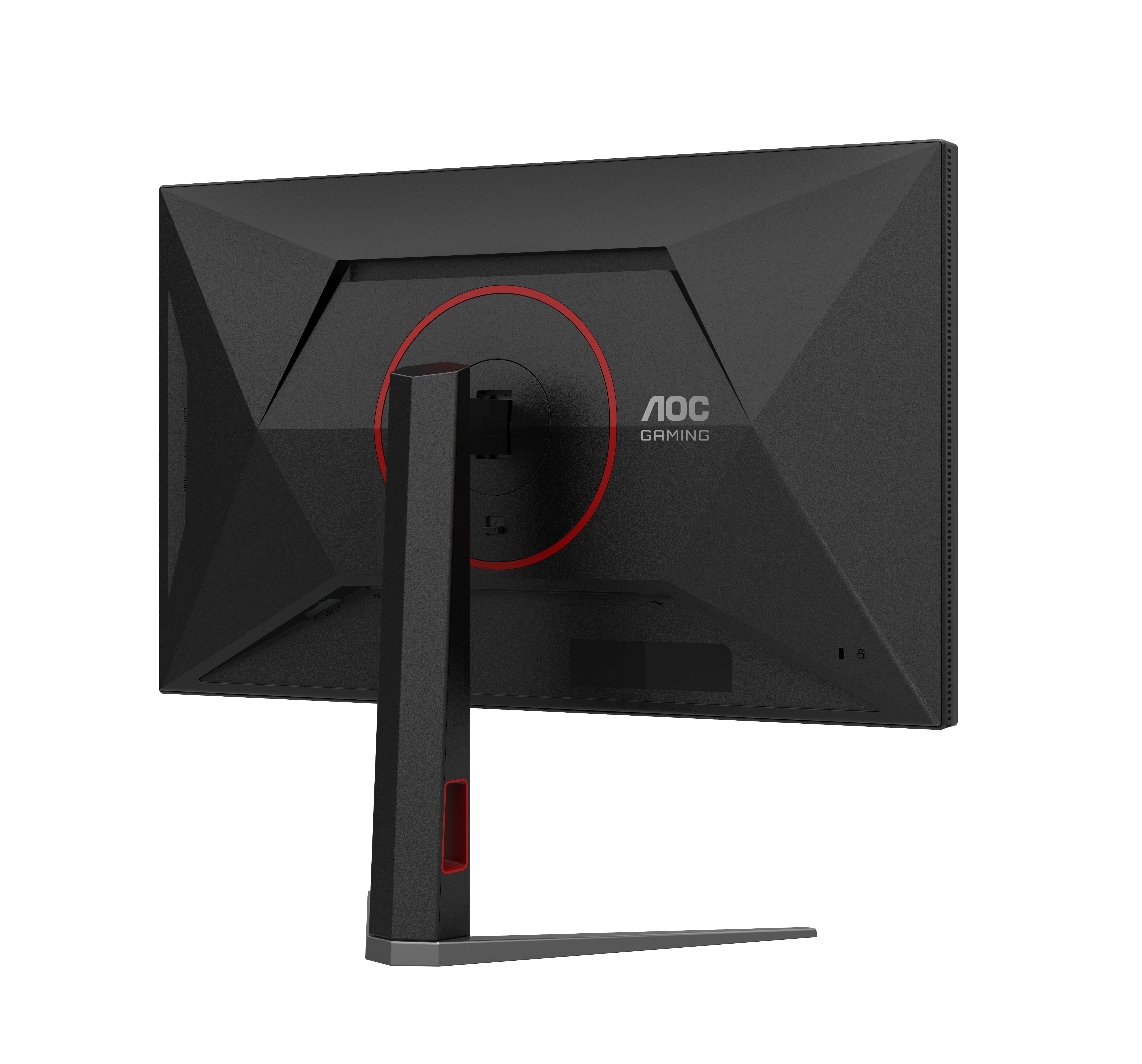 Die Rückseite eines schwarzen AOC Gaming-Monitors mit rotem Kreis und eckigem Standfuß vor schwarzem Hintergrund.