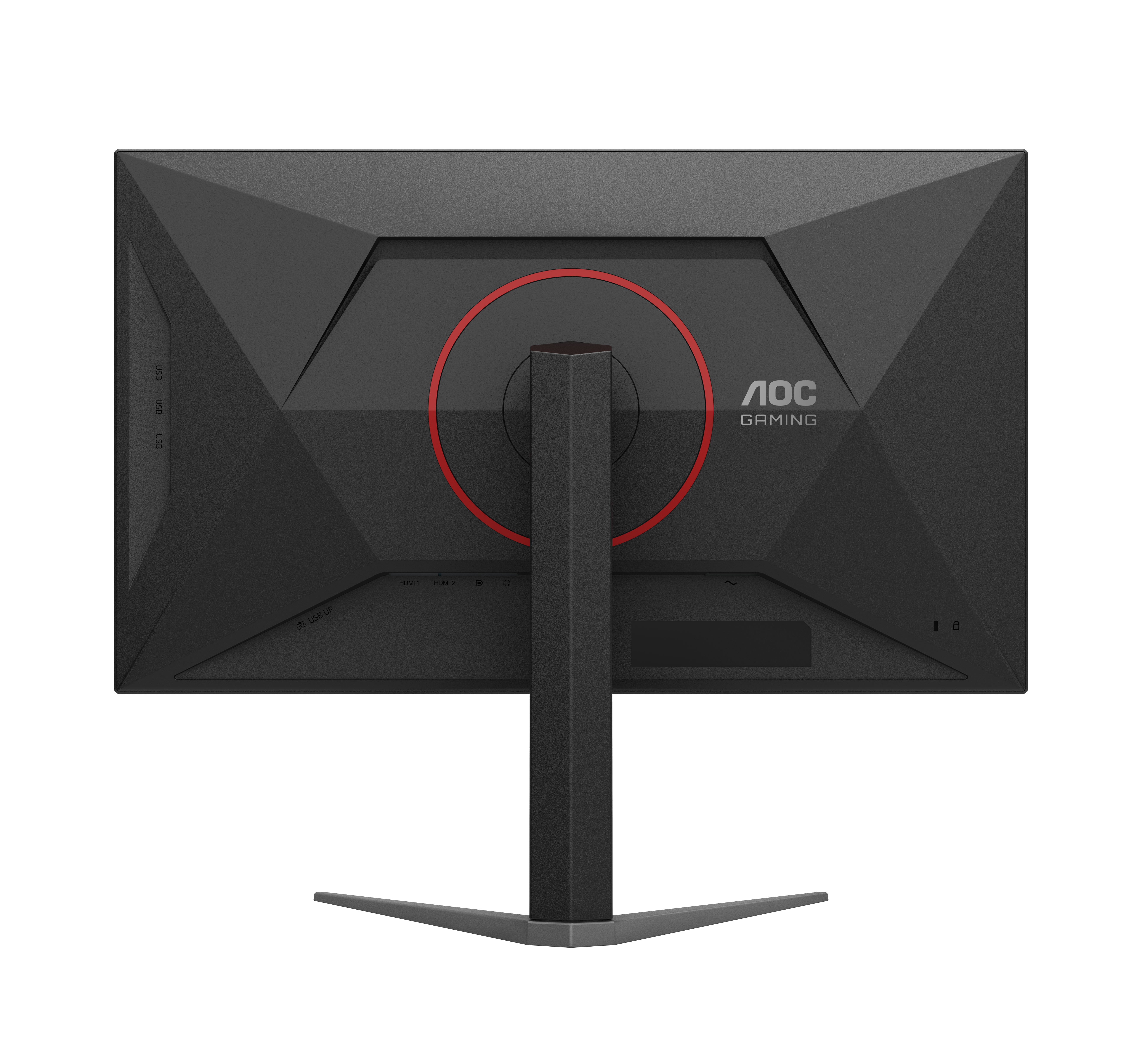 Die Rückseite eines schwarzen AOC Gaming-Monitors mit rotem Ringdetail und Standfuß.