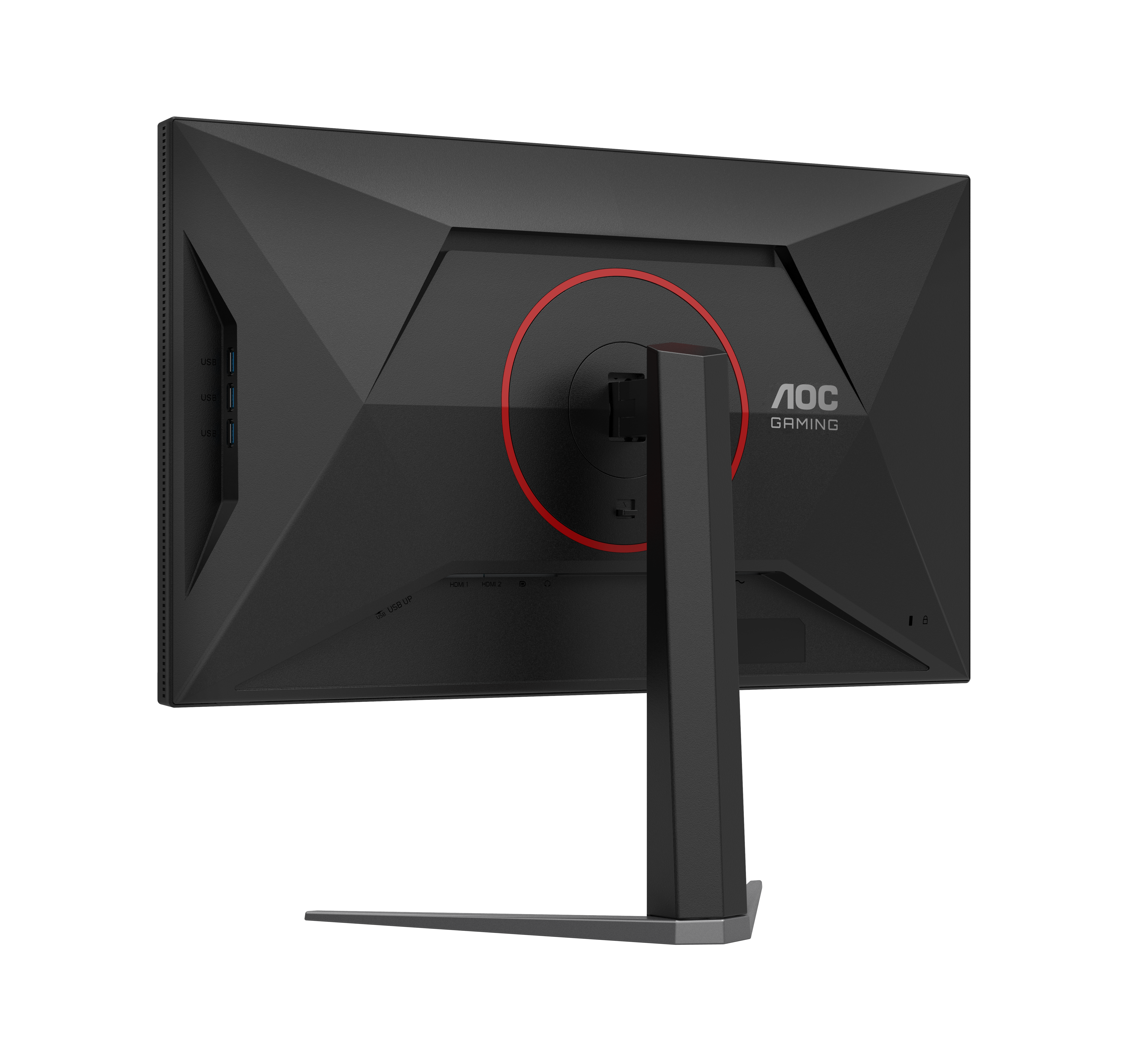 Rückseite eines schwarzen AOC Gaming-Monitors mit rotem Ringdetail und Ständer auf schwarzem Hintergrund.