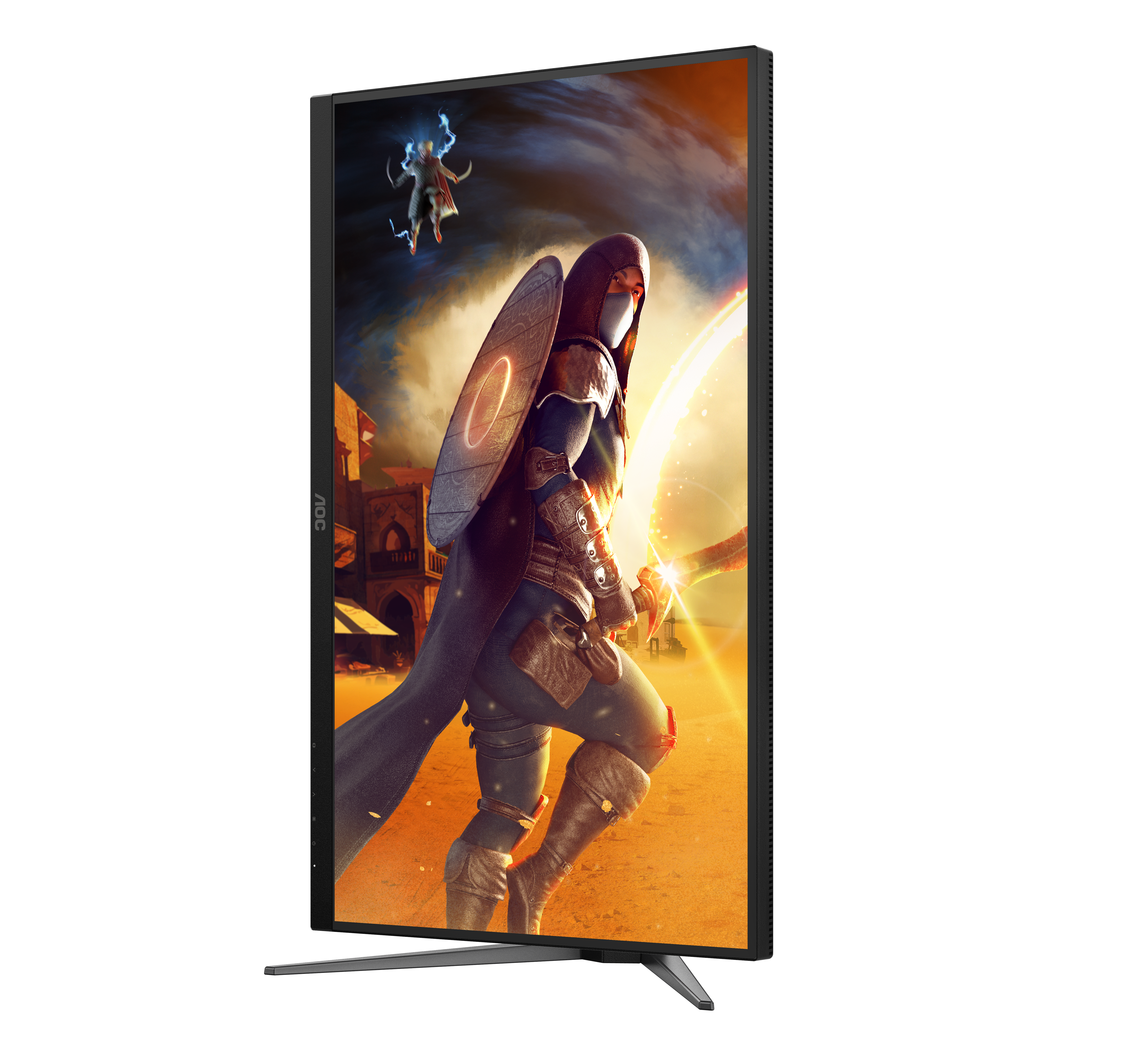 Ein schwarz gerahmter Monitor zeigt eine fantasy Szene mit einem vermummten Krieger vor einer Wüstenstadt.