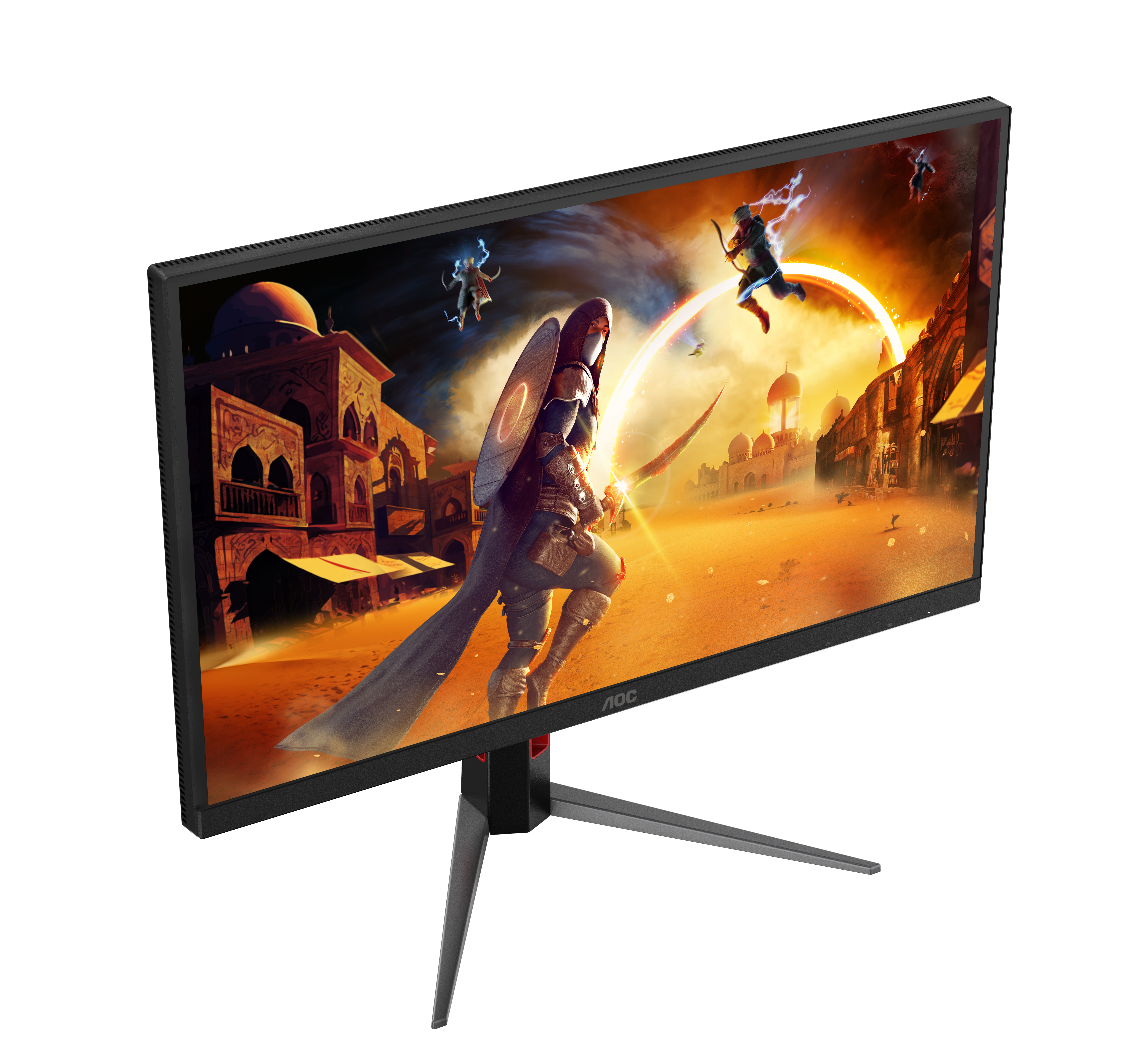 Ein schwarzer AOC-Gaming-Monitor zeigt eine Fantasy-Wüstenszene auf dem Bildschirm.