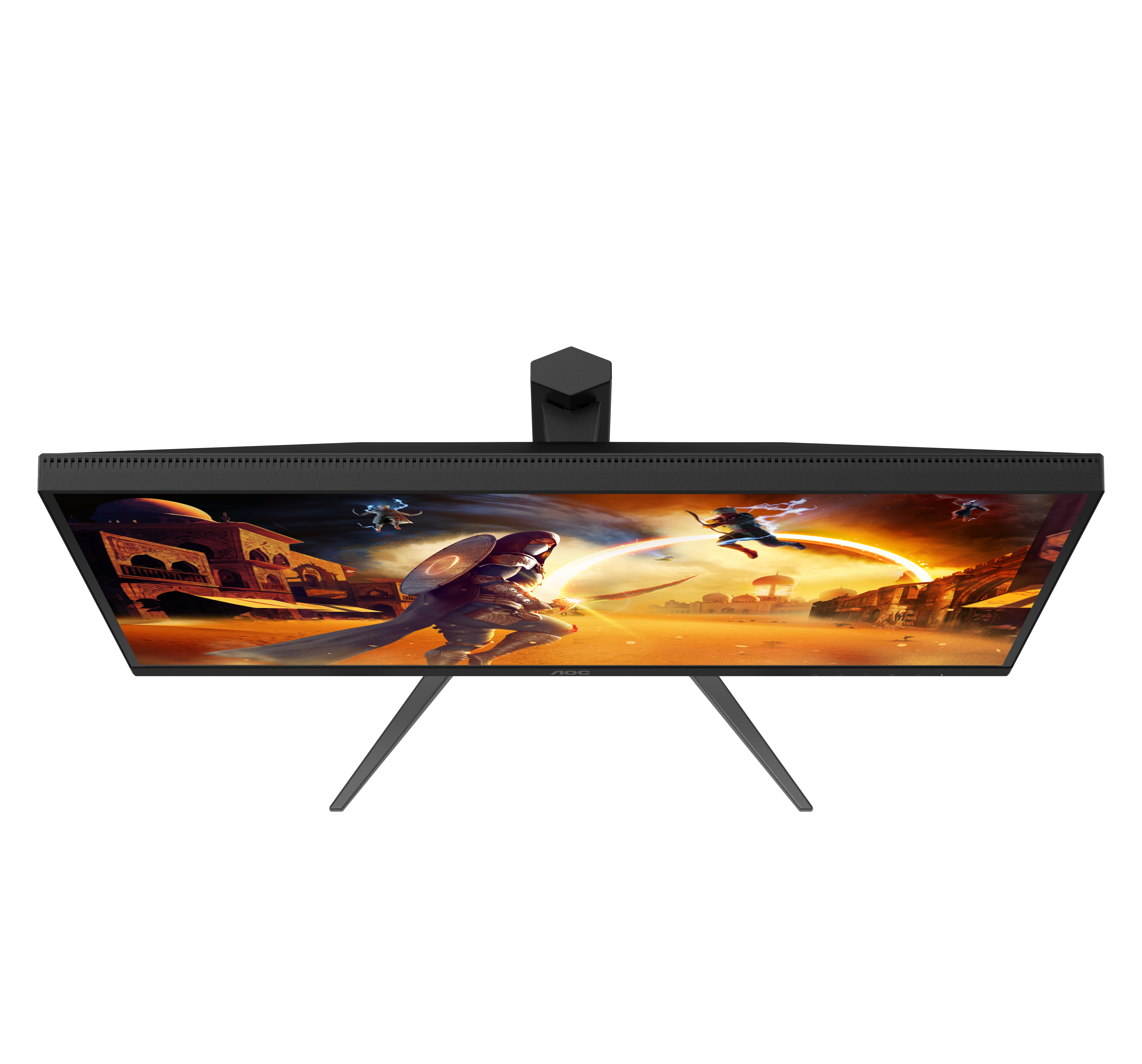 Draufsicht auf einen gebogenen Gaming-Monitor vor schwarzem Hintergrund mit einer actionreichen Wüsten-Fantasy-Szene.