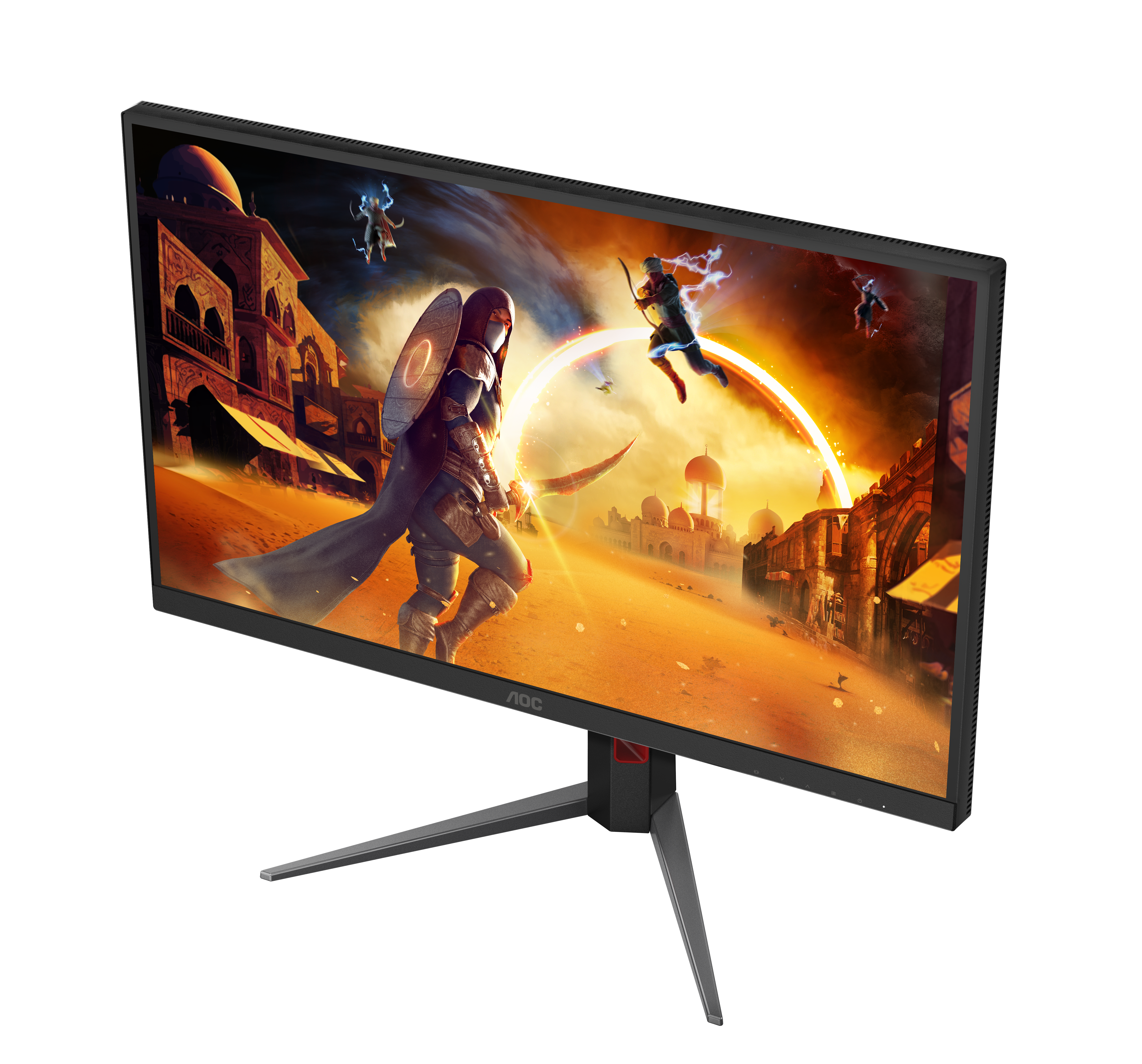 Ein schwarzer, gebogener Gaming-Monitor auf einem Ständer zeigt eine Wüsten-Fantasieszene.