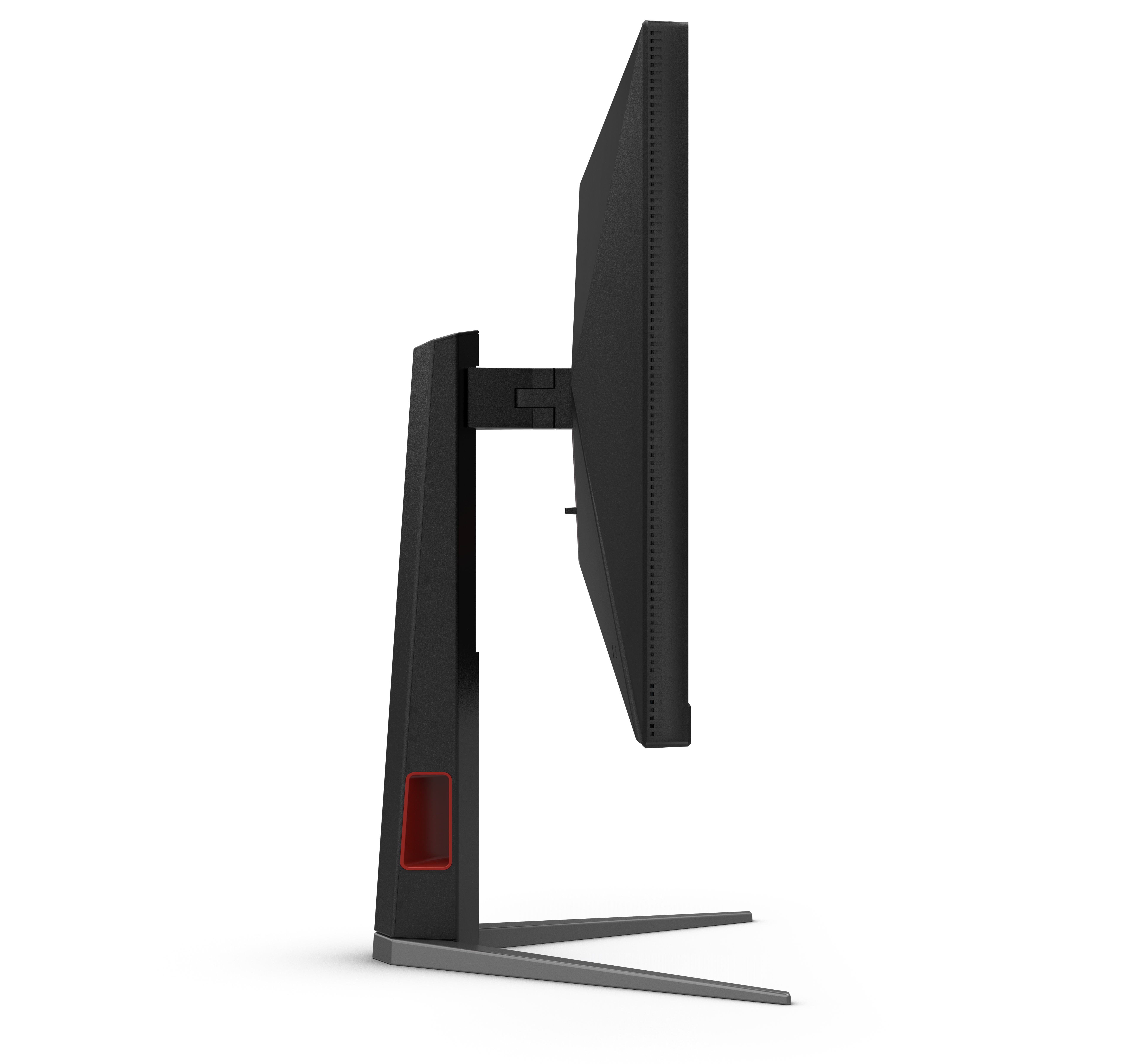 Seitenansicht eines schwarzen Computermonitors auf einem Standfuß vor schwarzem Hintergrund.