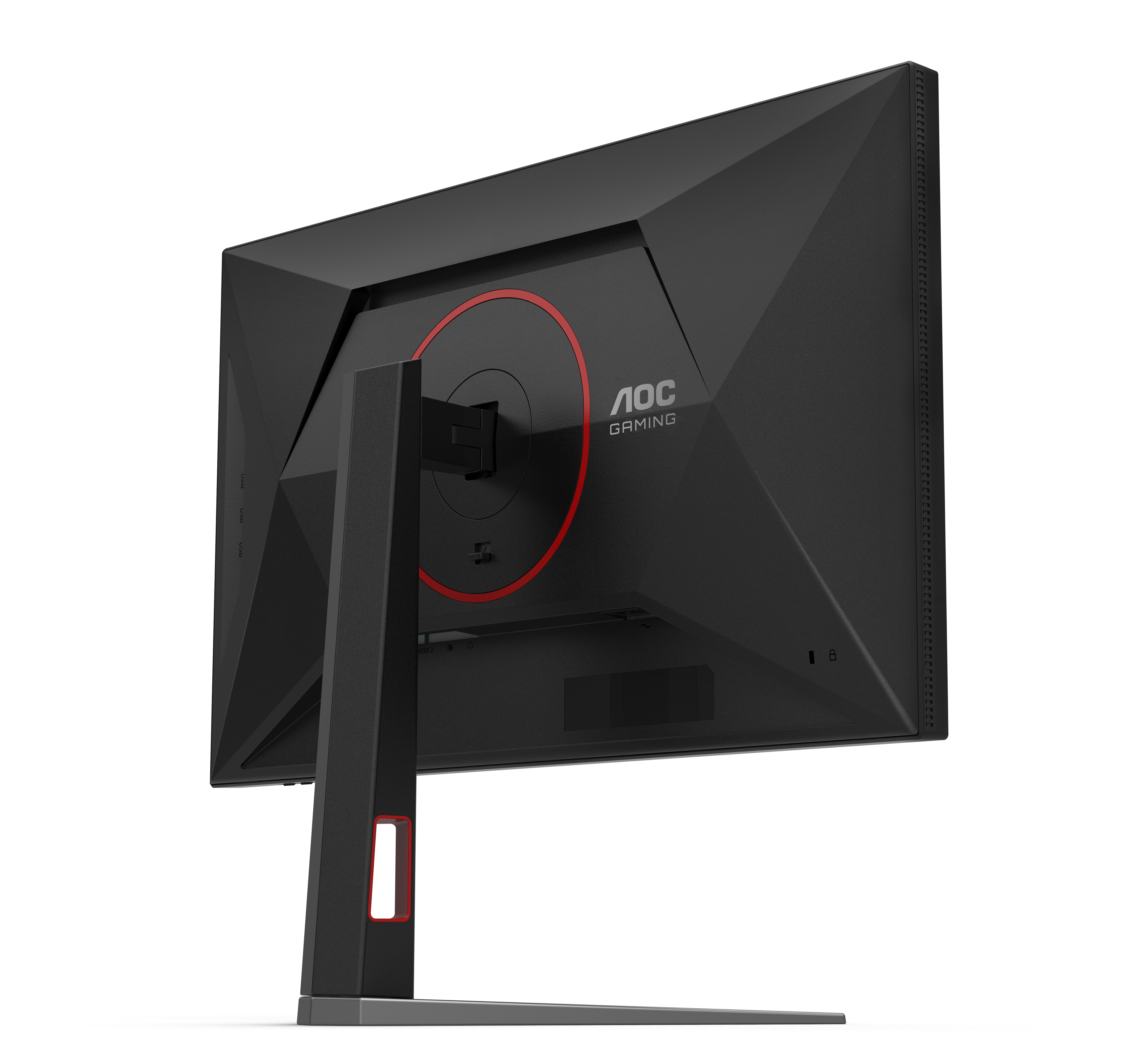 Die Rückseite eines schwarzen AOC Gaming-Monitors mit rotem Ringakzent und Ständer auf schwarzem Hintergrund.