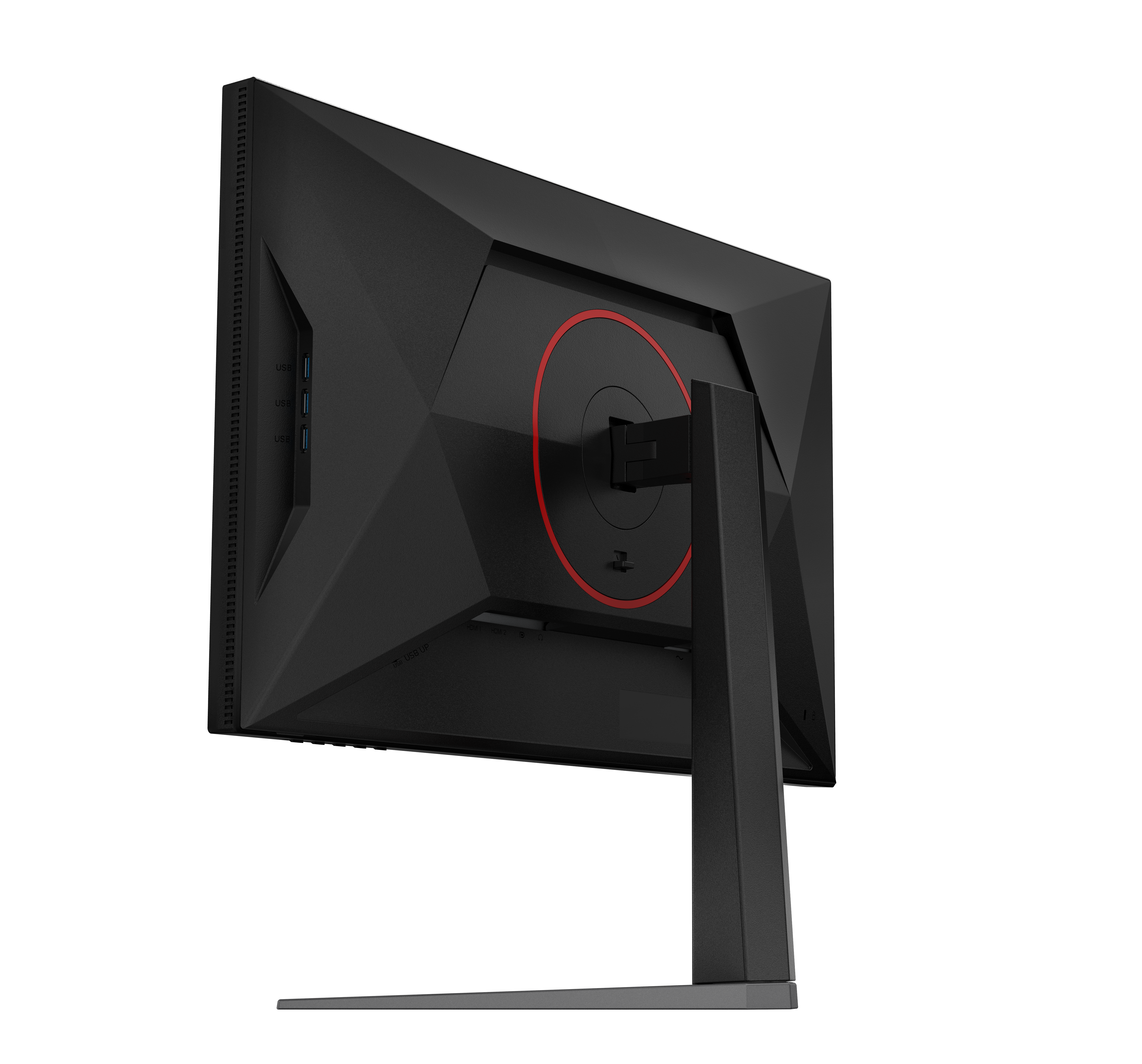 Rückansicht eines schwarzen Gaming-Monitors mit rotem Ringakzent auf der Rückseite, auf einem verstellbaren Standfuß, vor schwarzem Hintergrund.