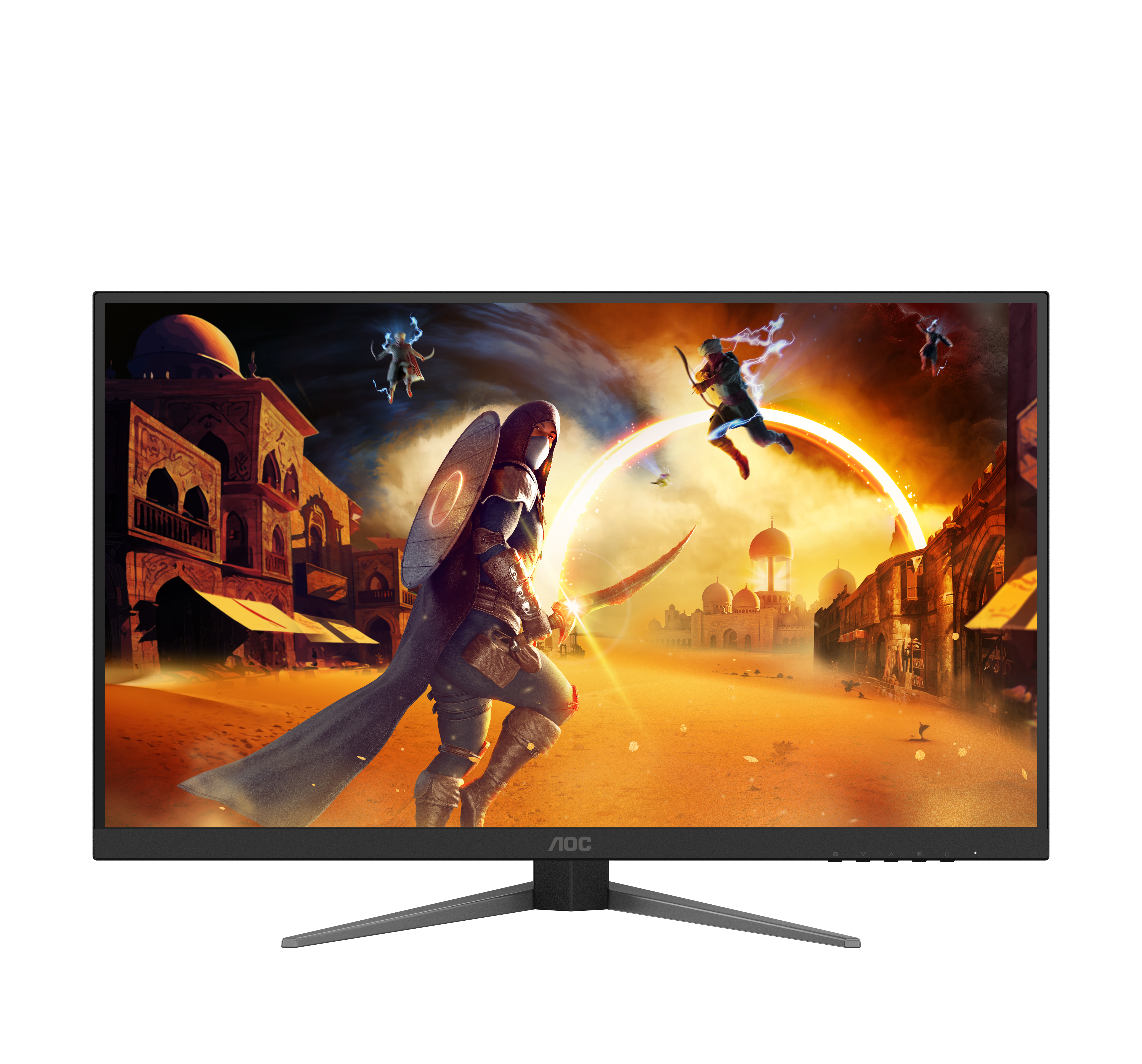 Ein AOC-Monitor zeigt eine Fantasy-Szene mit einem Krieger vor einer Wüstenstadt mit Kuppeln.