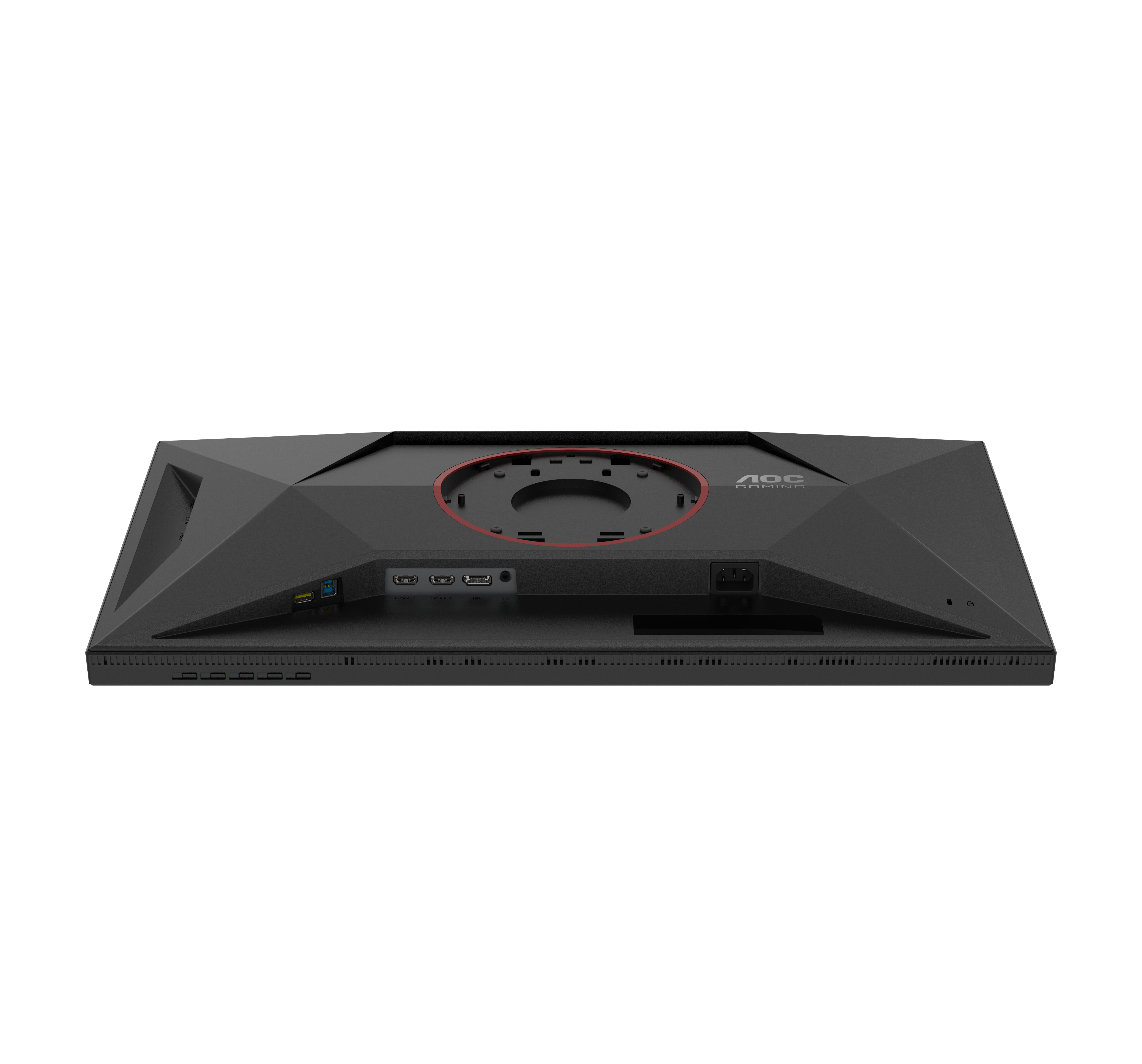 Rückseite eines schwarzen AOC Gaming-Monitors mit VESA-Halterung, HDMI-, DisplayPort- und USB-Anschlüssen.
