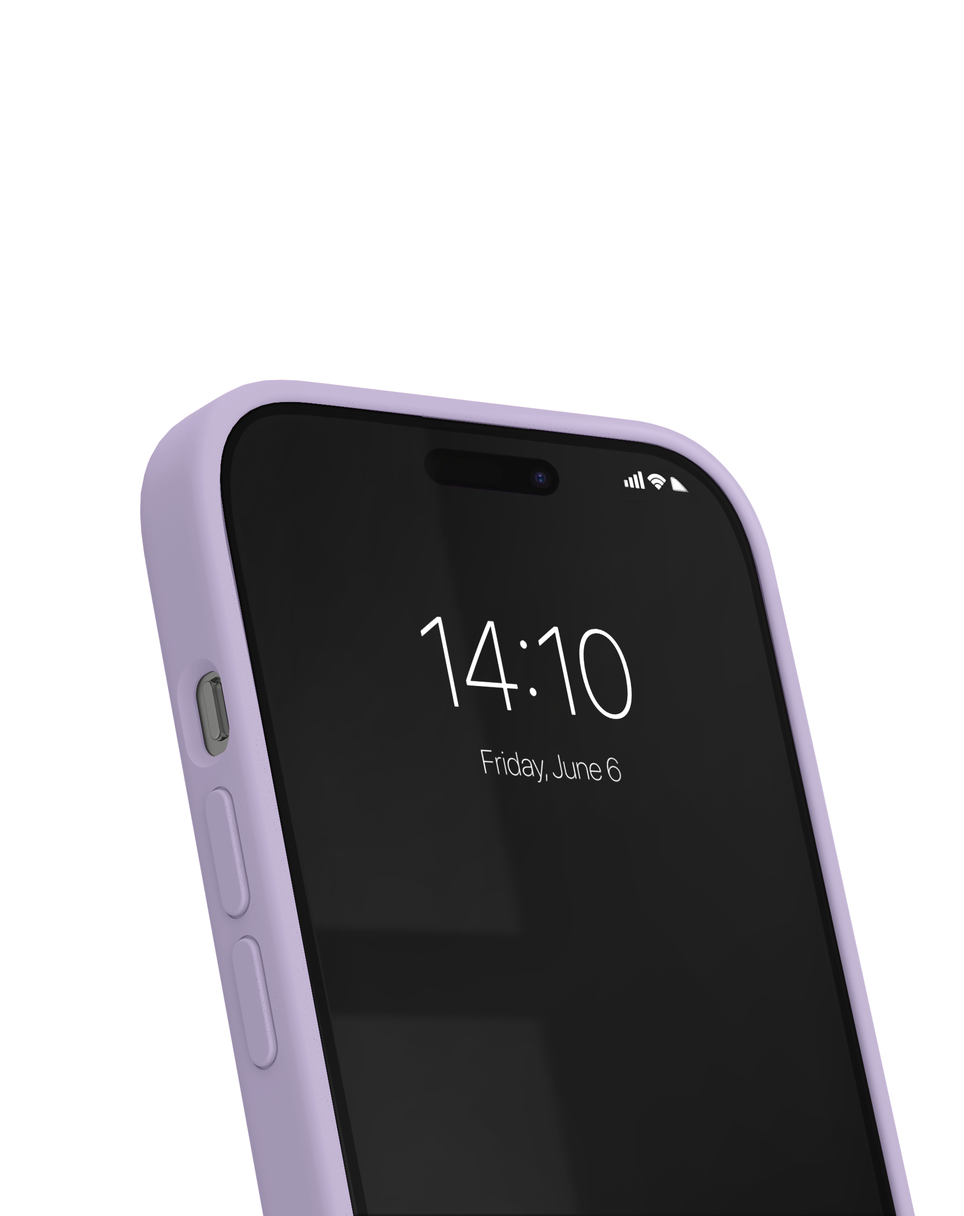 Ein lila Smartphone mit schwarzem Display zeigt Datum und Uhrzeit.