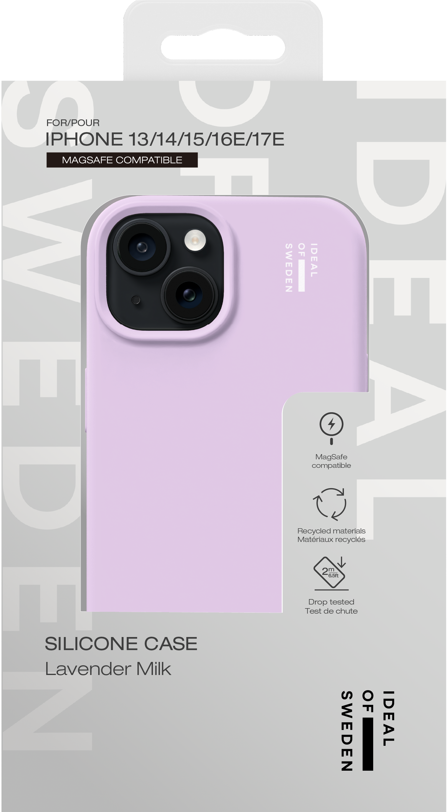 Lila Silikonhülle für iPhone in Verpackung mit Produktinfos.