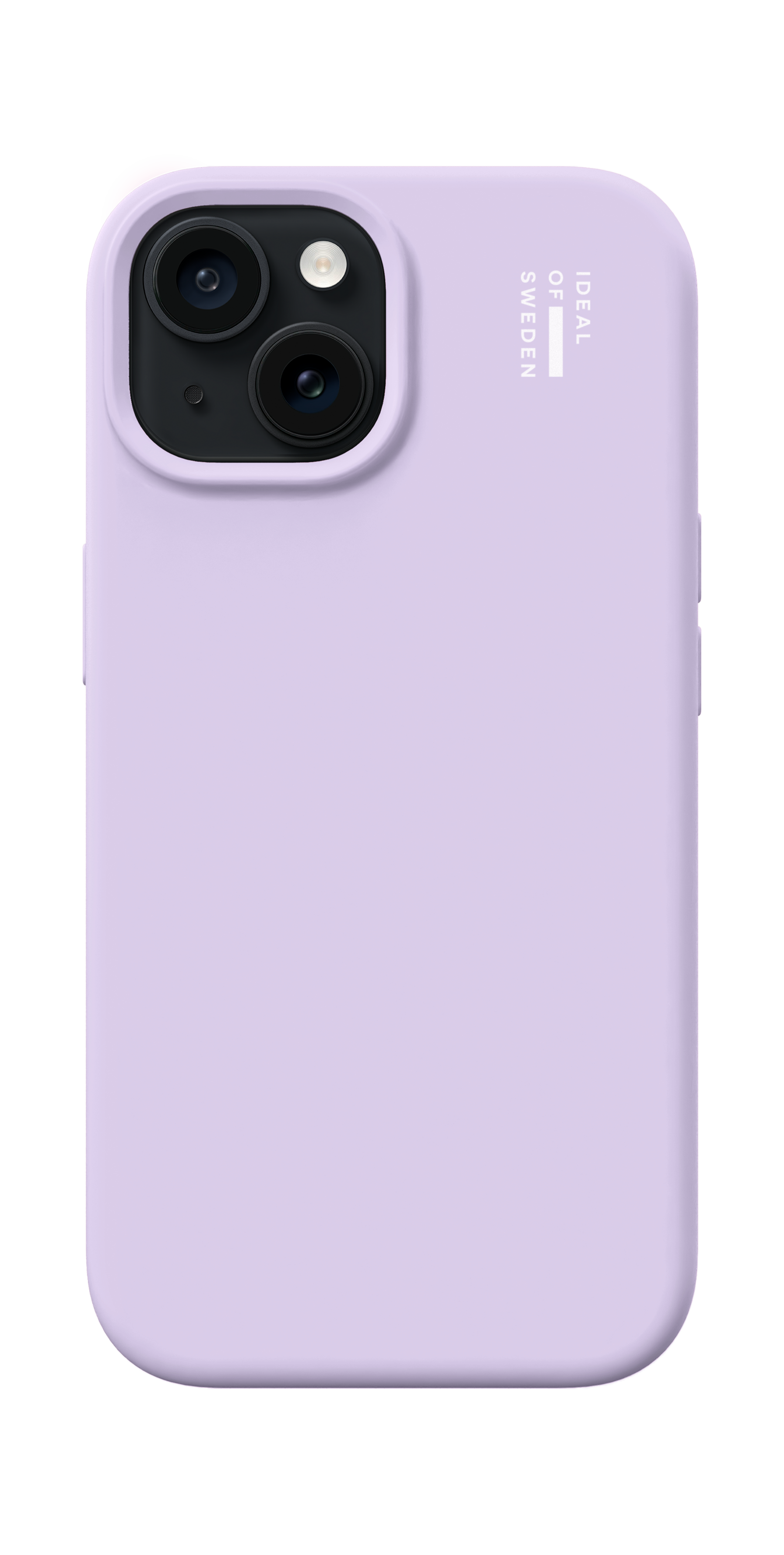 Eine hellviolette Smartphone-Hülle mit zwei Kameraobjektiven und dem Logo 'IDEAL OF SWEDEN' auf der Rückseite.