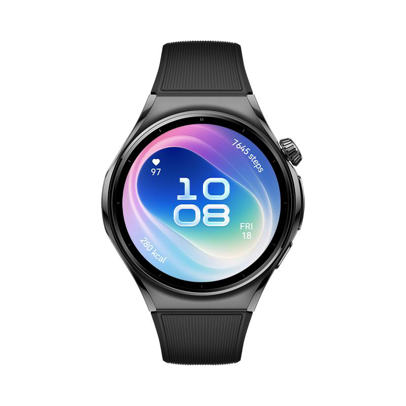 Schwarze Smartwatch mit rundem Display, das die Uhrzeit 10:08 und Fitnessdaten anzeigt, auf weißem Hintergrund.