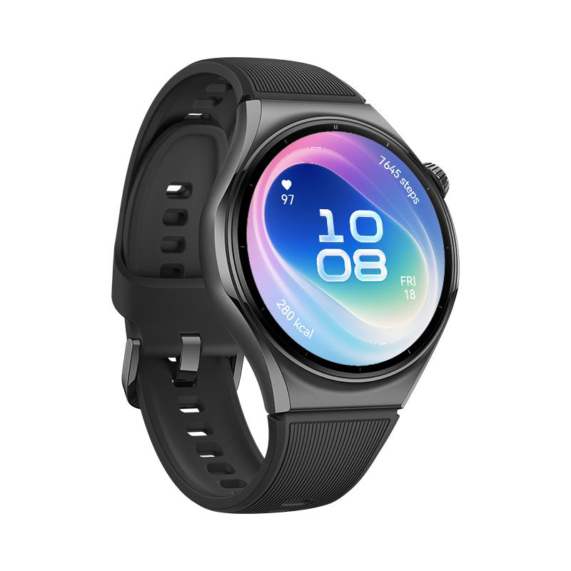 Schwarze Smartwatch mit rundem Display, das die Uhrzeit 10:08 und Fitnessdaten anzeigt, auf weißem Hintergrund.