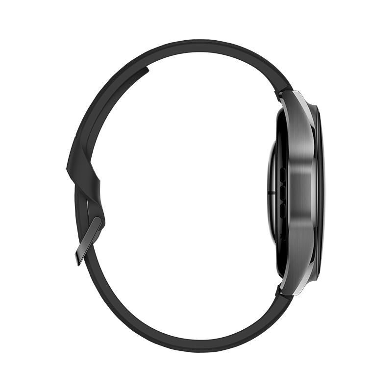 Seitenansicht einer schwarzen Smartwatch mit Metallgehäuse und Kautschukarmband.