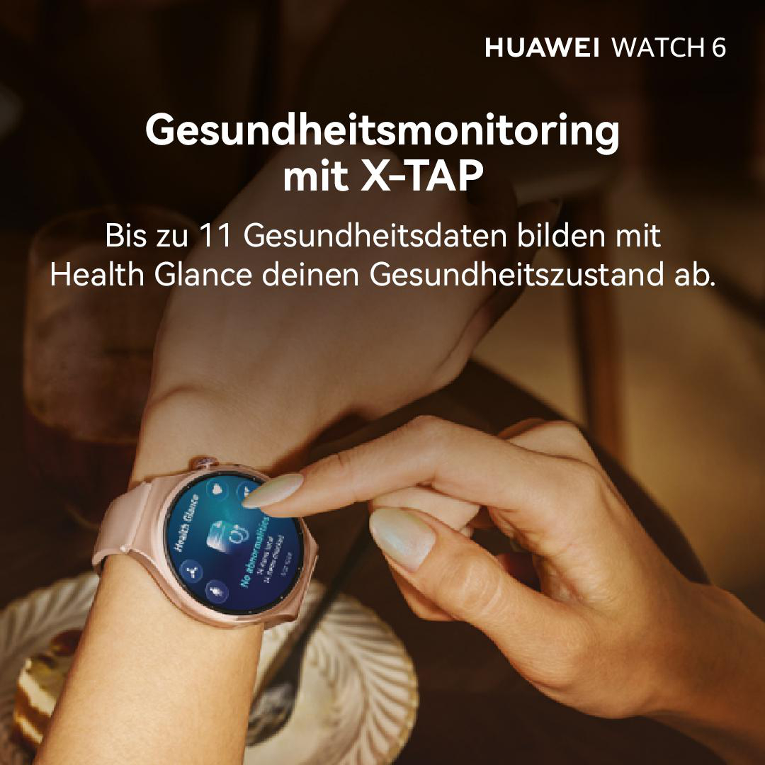 Handgelenk mit rosafarbener Huawei Watch 6 und deutscher Gesundheitswerbung.