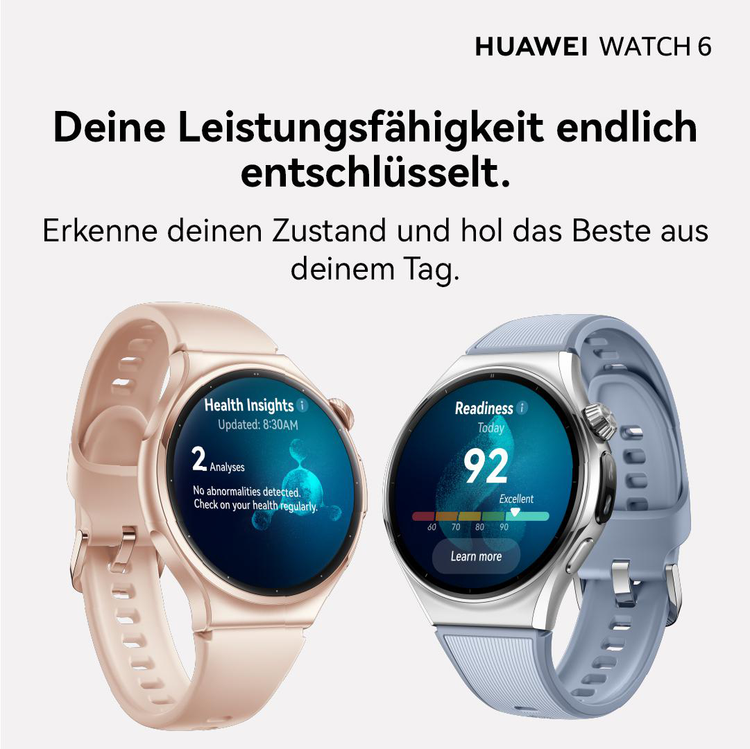 Huawei Watch 6 Werbung zeigt zwei Smartwatches in Roségold und Blau mit Gesundheits- und Fitness-Displays.