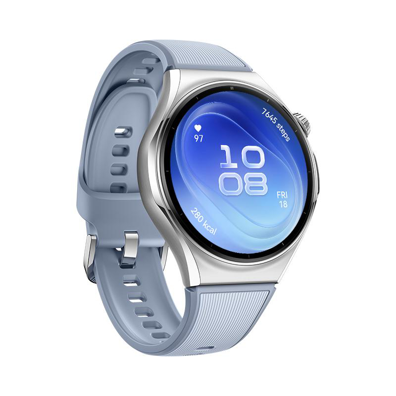 Eine graue Smartwatch mit silbernem Gehäuse zeigt ein blaues Zifferblatt mit Uhrzeit, Herzfrequenz und Schritten.