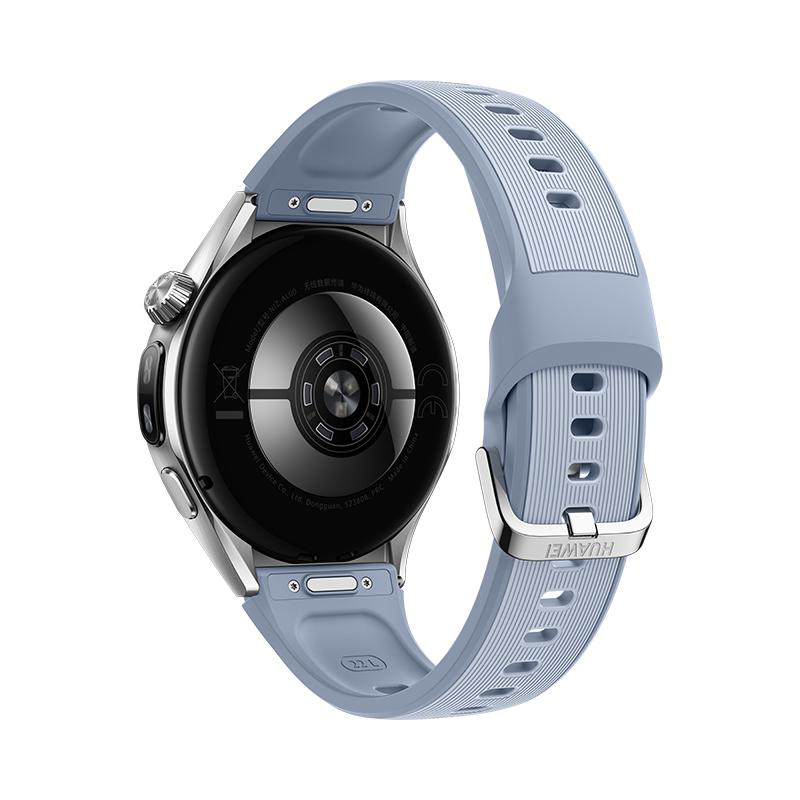 Rückseite einer grauen Smartwatch mit Sensoren, silbernem Gehäuse und blauem Silikonarmband auf weißem Hintergrund.
