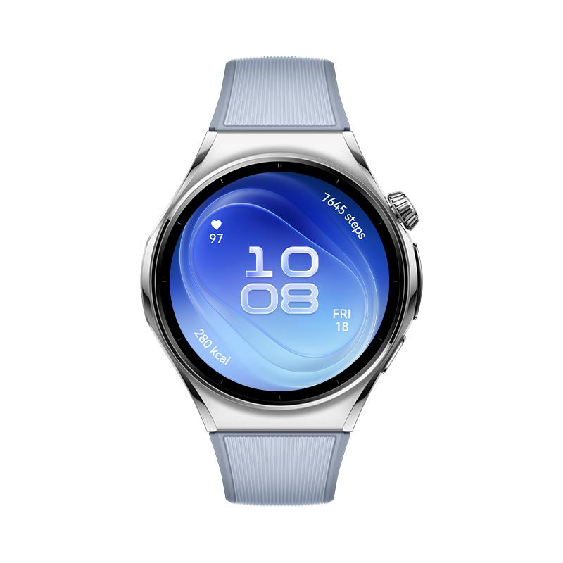 Eine silberne Smartwatch mit grauem Armband und blauem Display zeigt Zeit, Datum und Fitnessdaten.