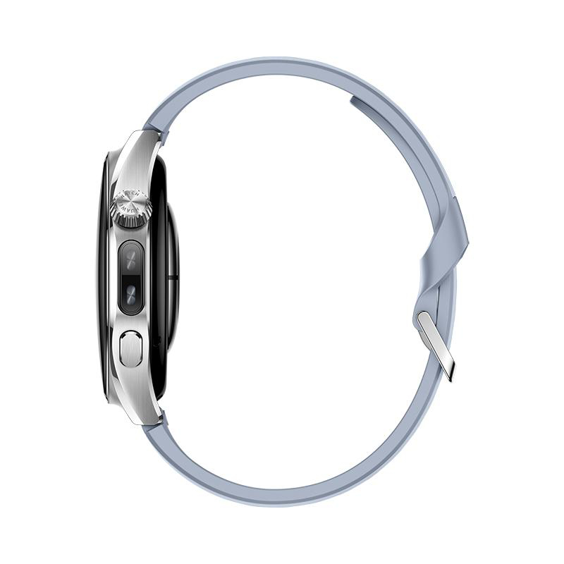 Eine silberne Smartwatch mit grauem Silikonarmband von der Seite, mit Knöpfen und Krone.