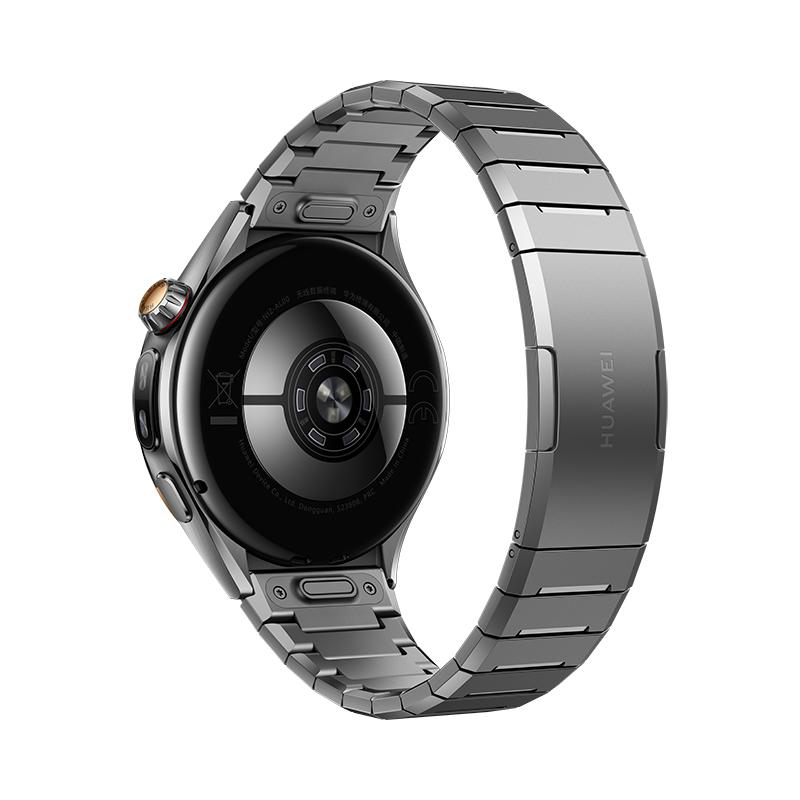 Rückseite einer grauen Huawei-Smartwatch mit Metallarmband und Sensoren auf dem Gehäuseboden.