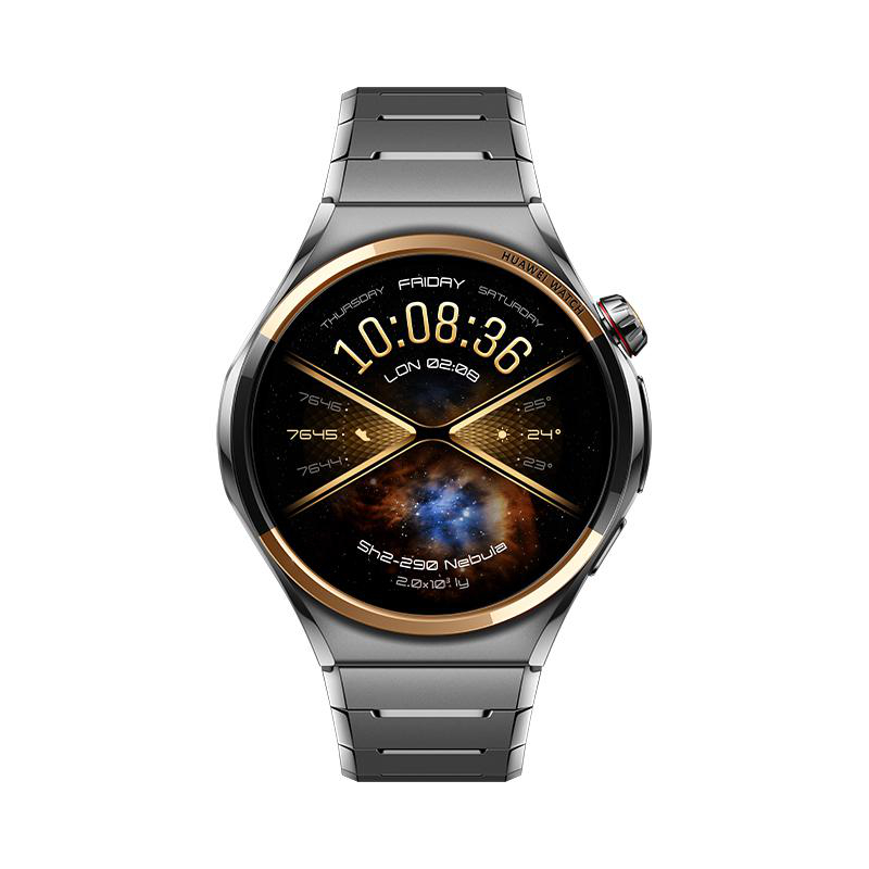 Silberne Smartwatch mit schwarzem Zifferblatt, auf dem eine Nebelgalaxie und die Uhrzeit 10:08 angezeigt werden.